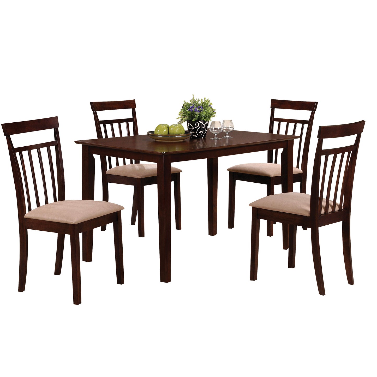 Dark wood dining set with four slatted chairs and a rectangular table