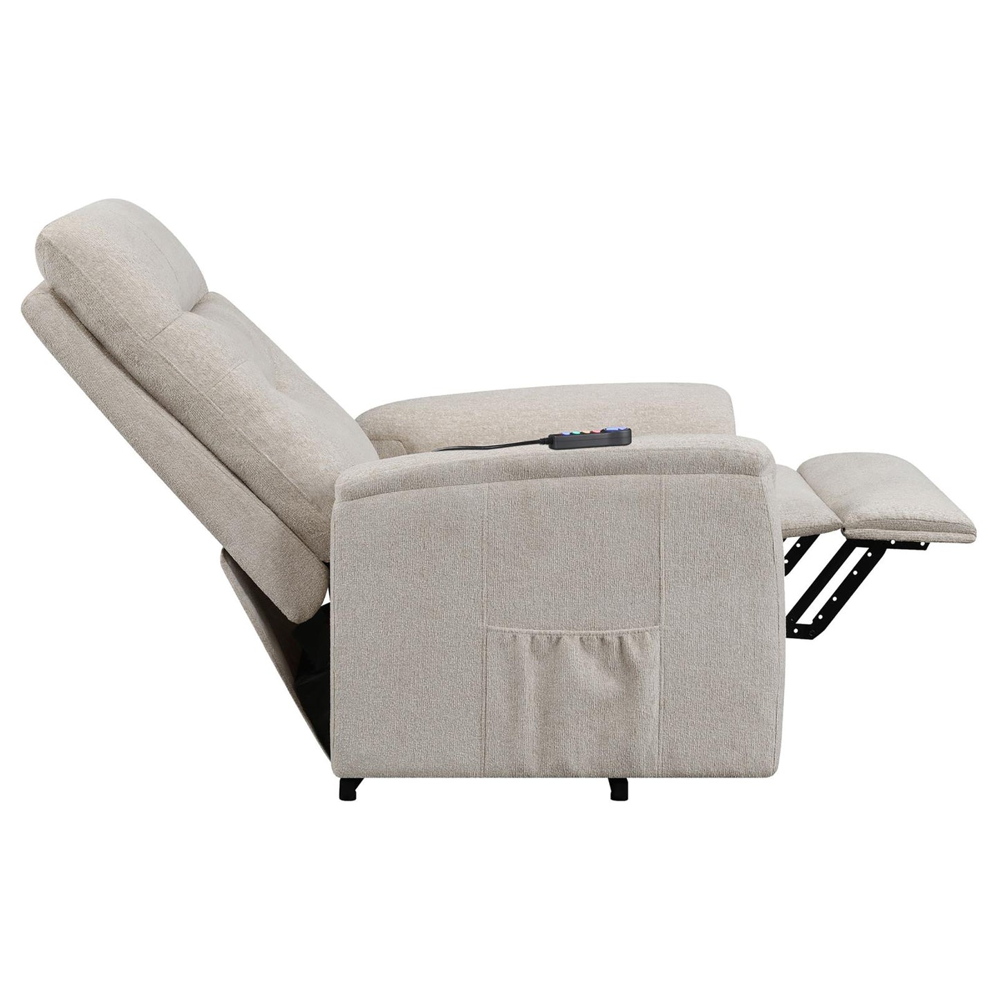 Beige upholstered power recliner with adjustable footrest and remote control