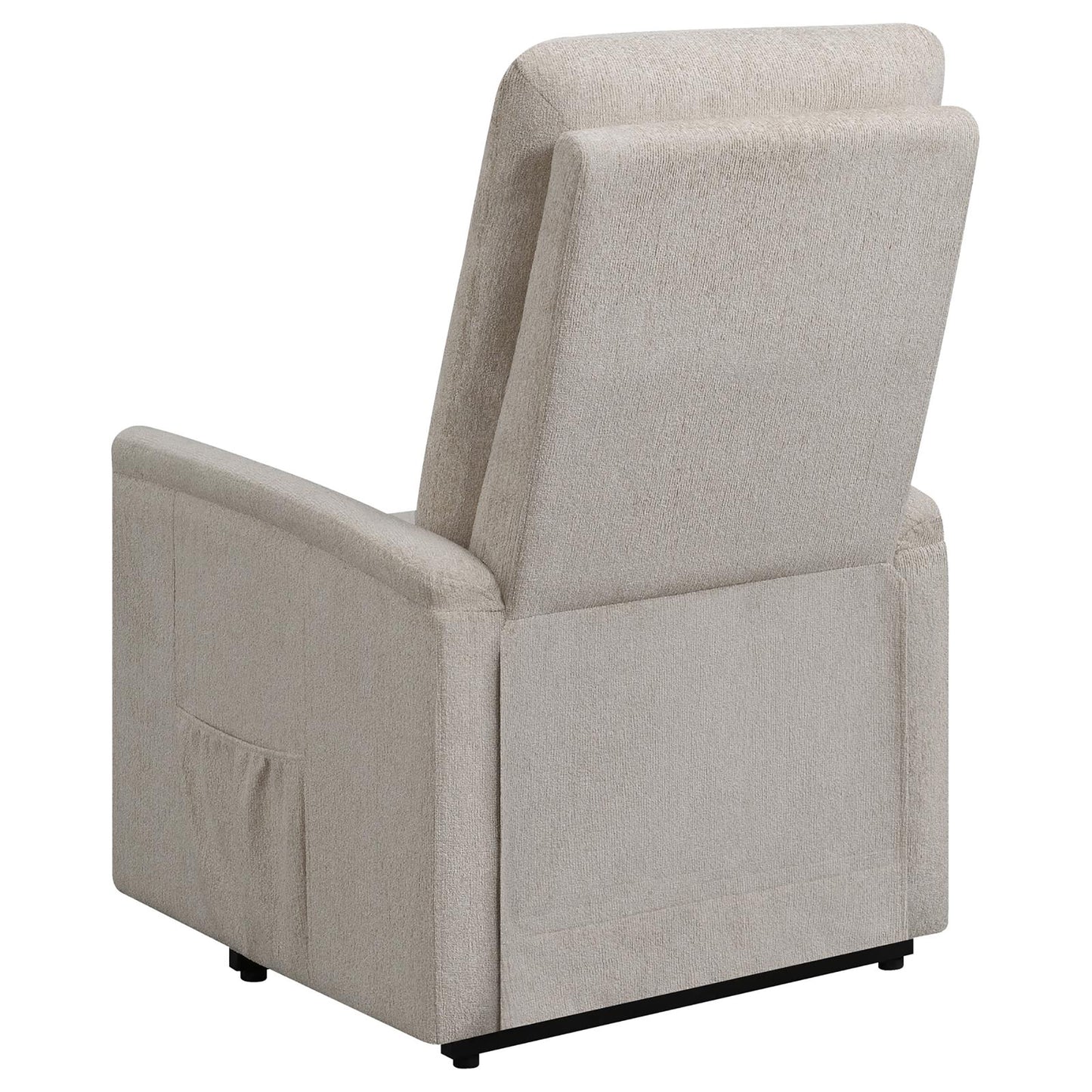 Beige recliner chair with textured fabric and convenient side pocket
