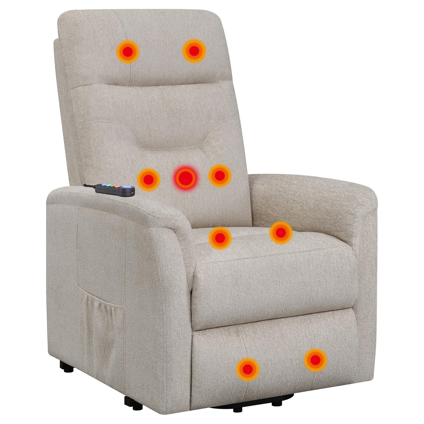 Beige fabric massage recliner with integrated heat points and remote control