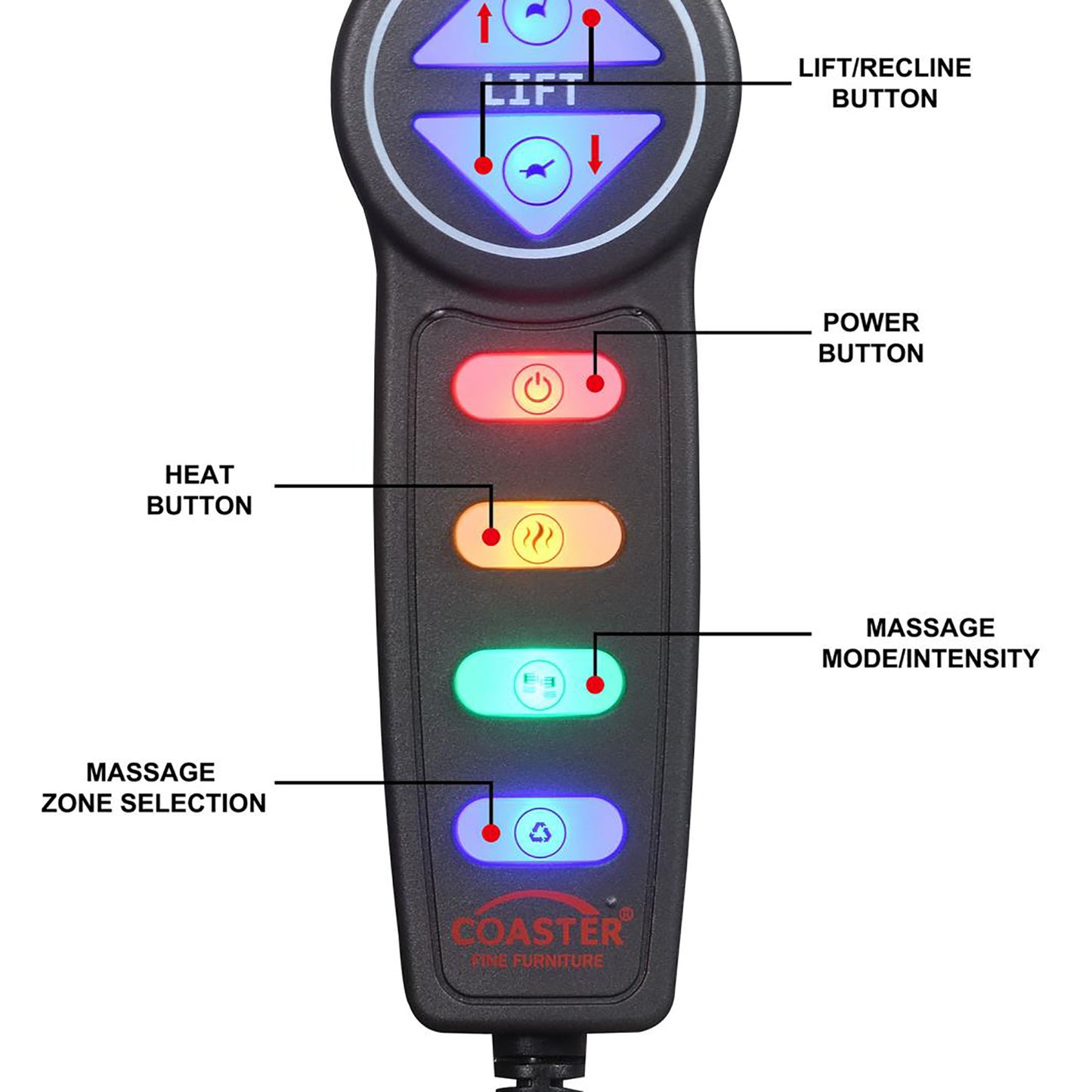 Black remote control with illuminated buttons for liftrecline heat massage mode and zone selection
