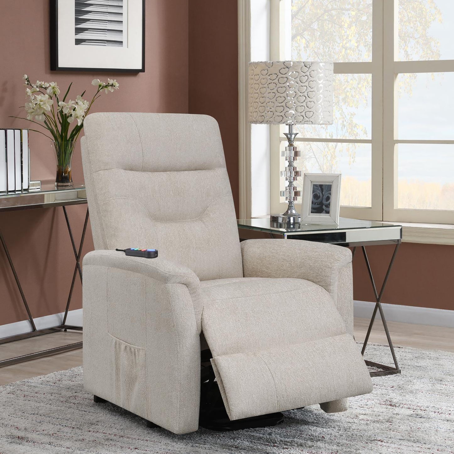 Beige fabric recliner chair with side pocket and remote control perfect for living rooms