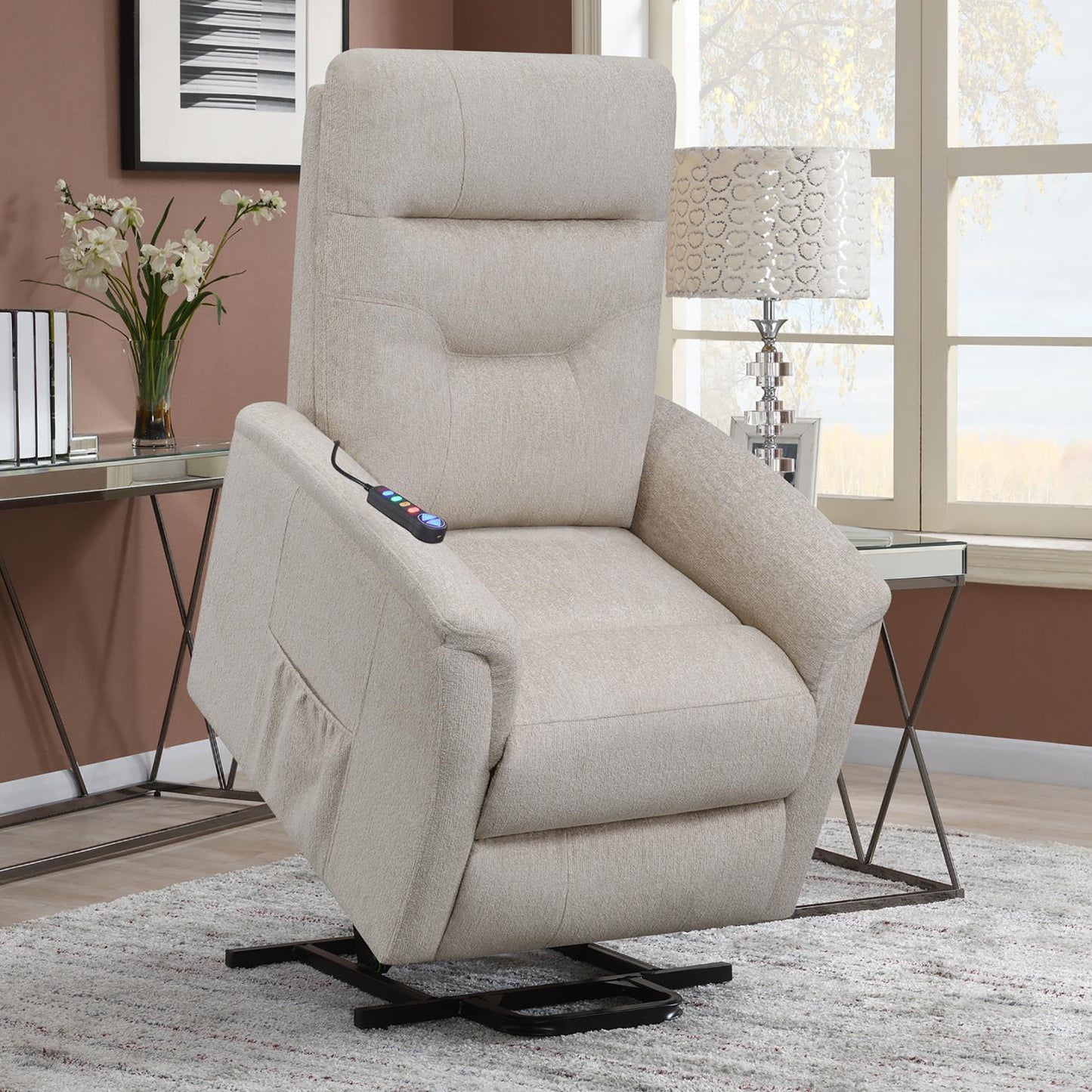 Beige upholstered power lift recliner with a convenient side control panel