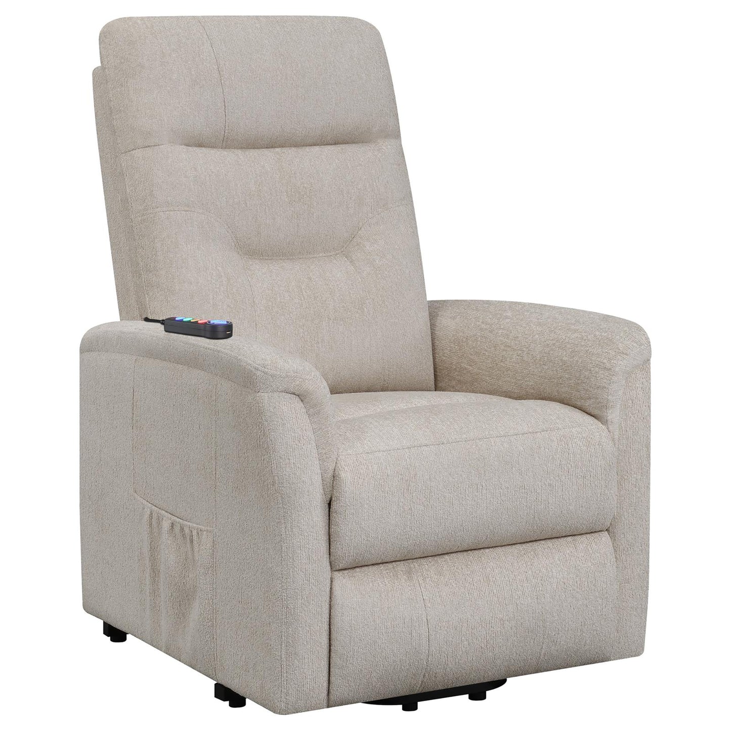 Tan fabric power lift recliner with remote control for seniors