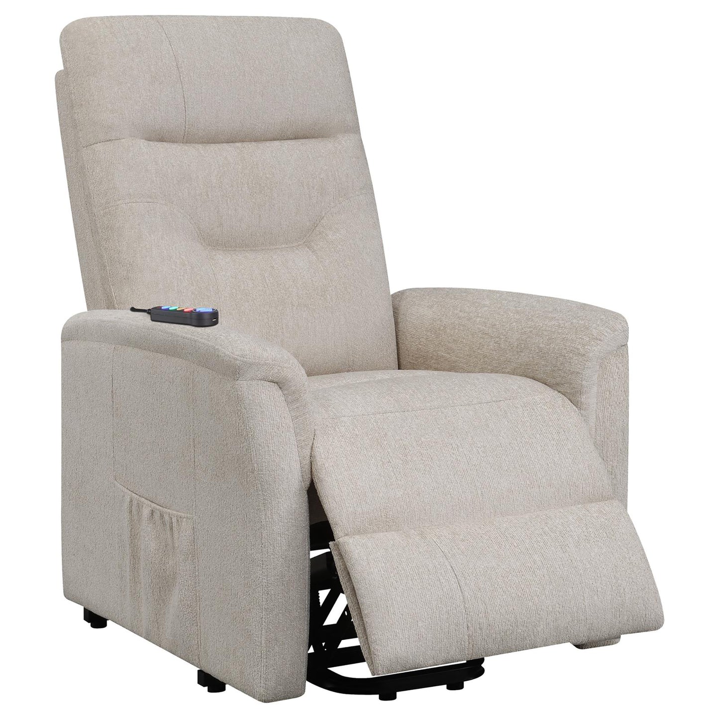 Comfortable beige fabric recliner chair with a builtin side pocket and remote control