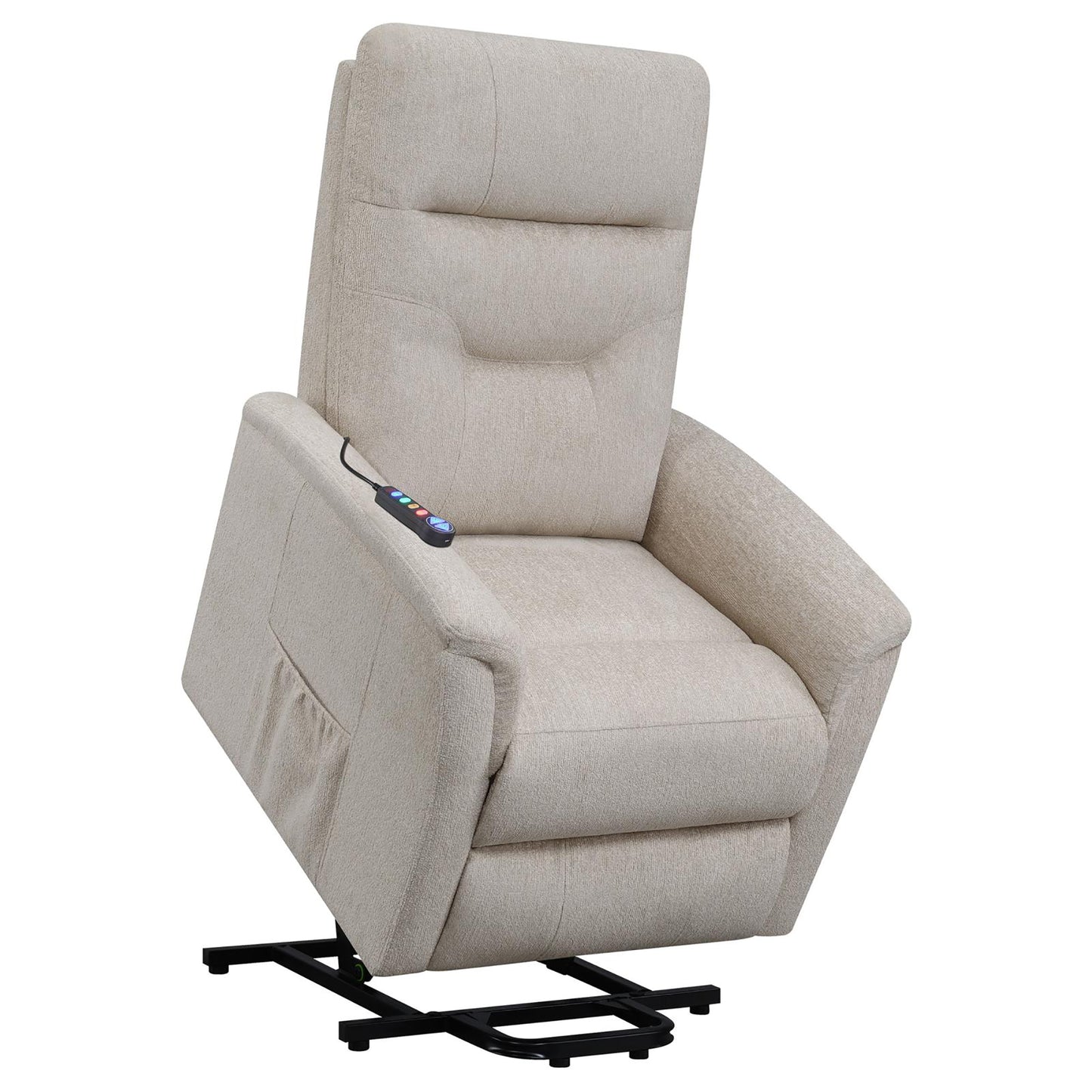 Beige fabric lift chair with plush cushioning and integrated remote control for easy operation