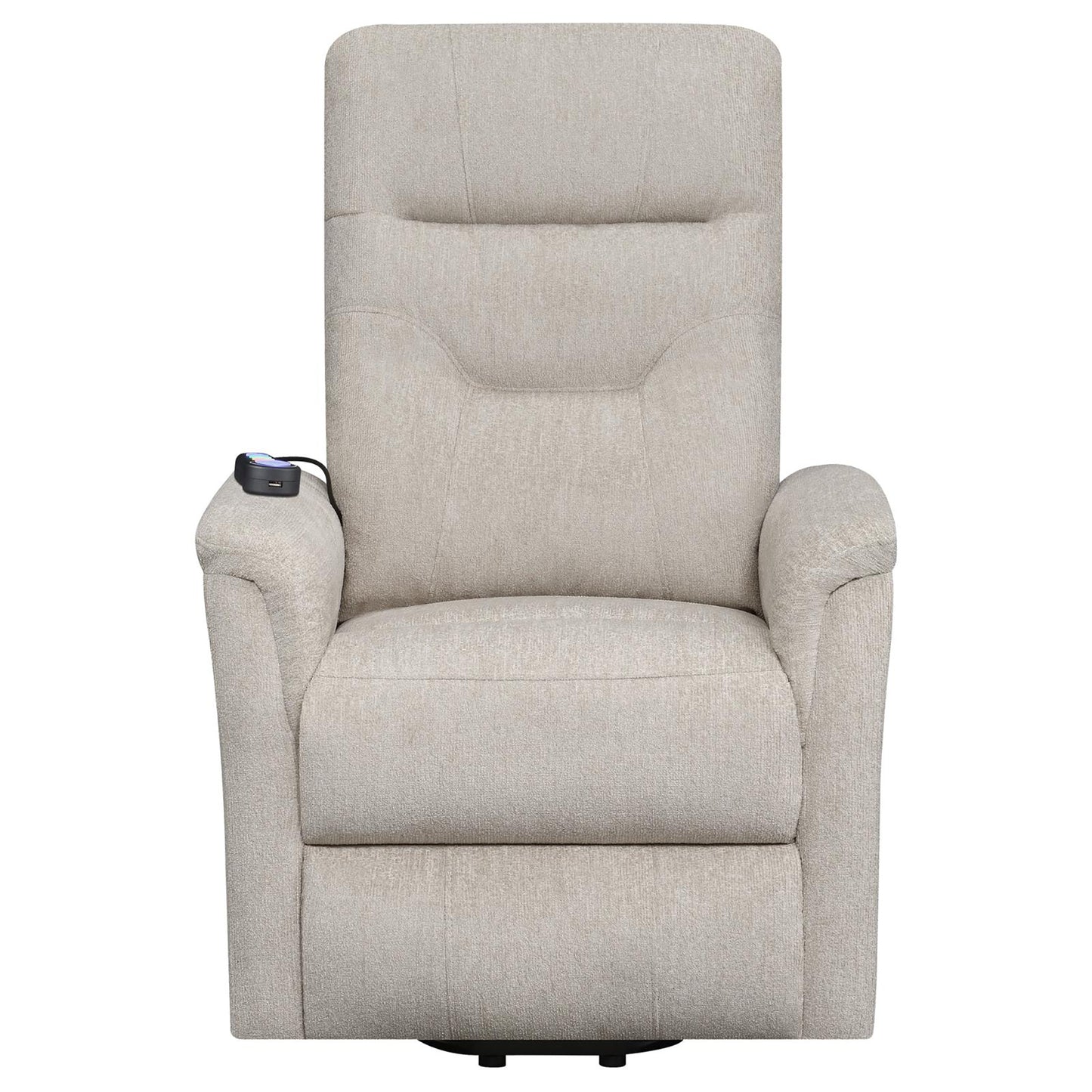Beige fabric power recliner chair with integrated USB charging port