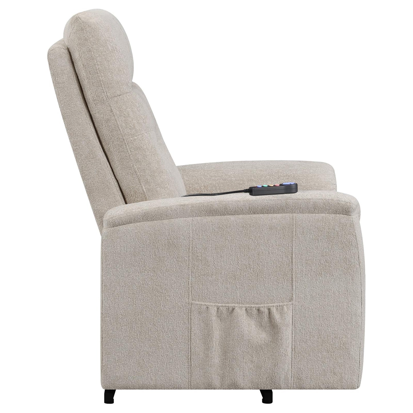 Beige fabric power recliner chair with side pocket and remote control