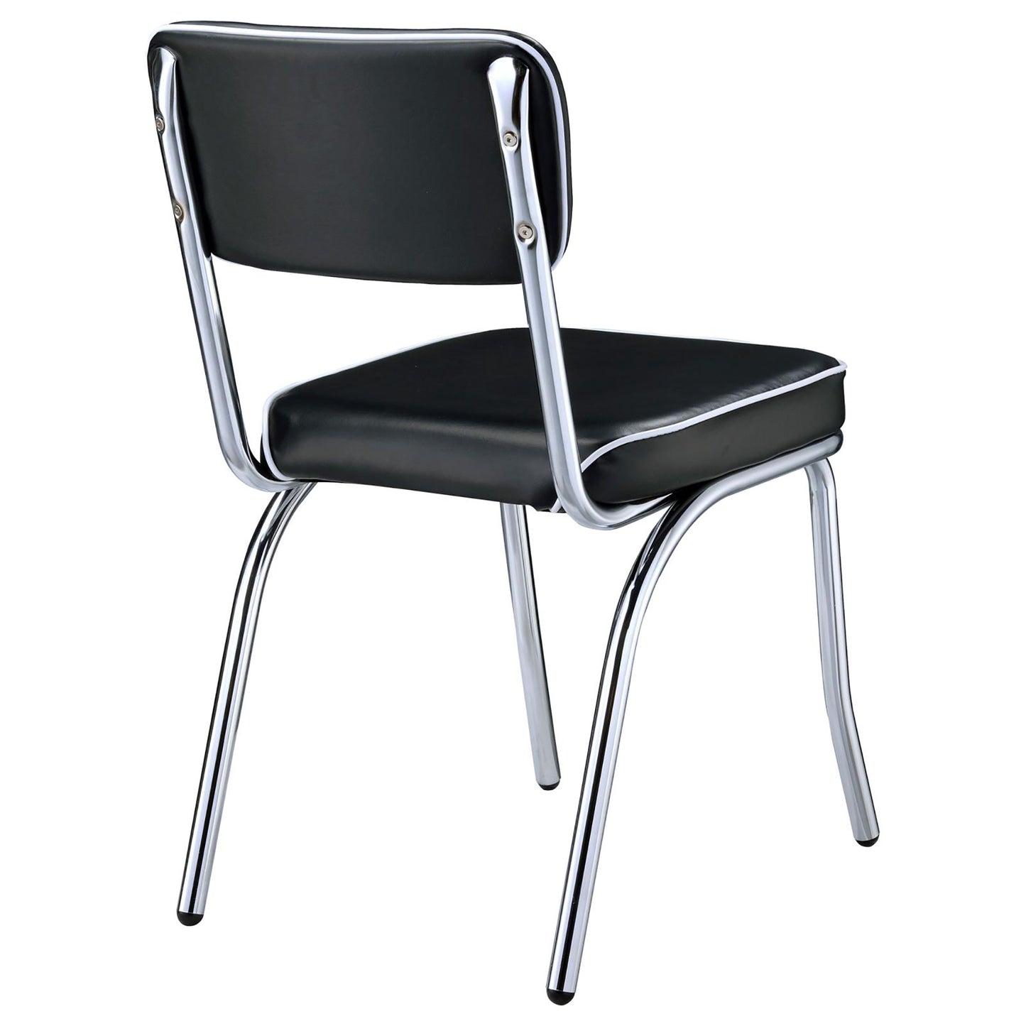Black vinyl retro dining chair with white piping and chrome legs