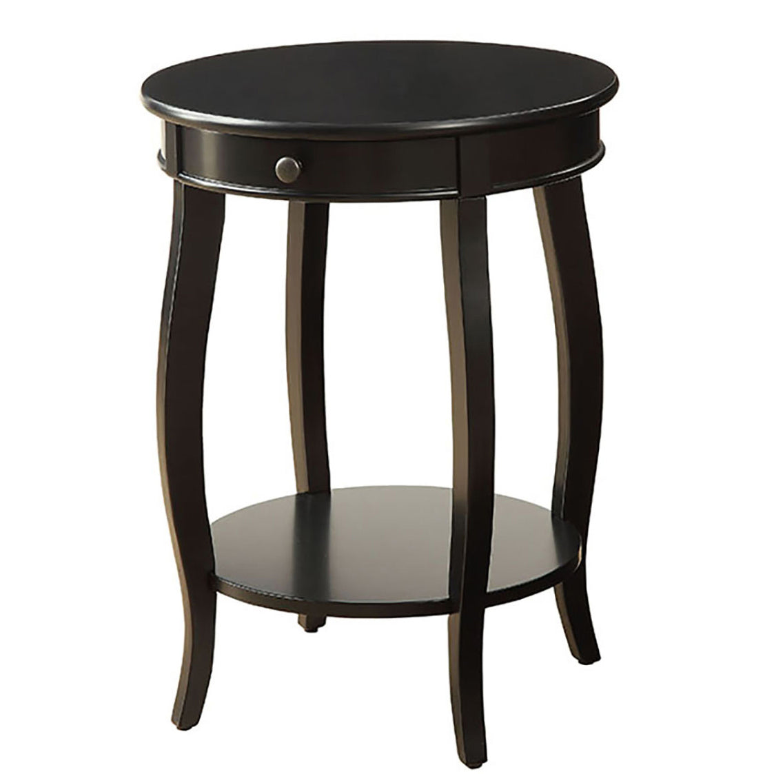 Elegant black round end table with curved legs and a single drawer