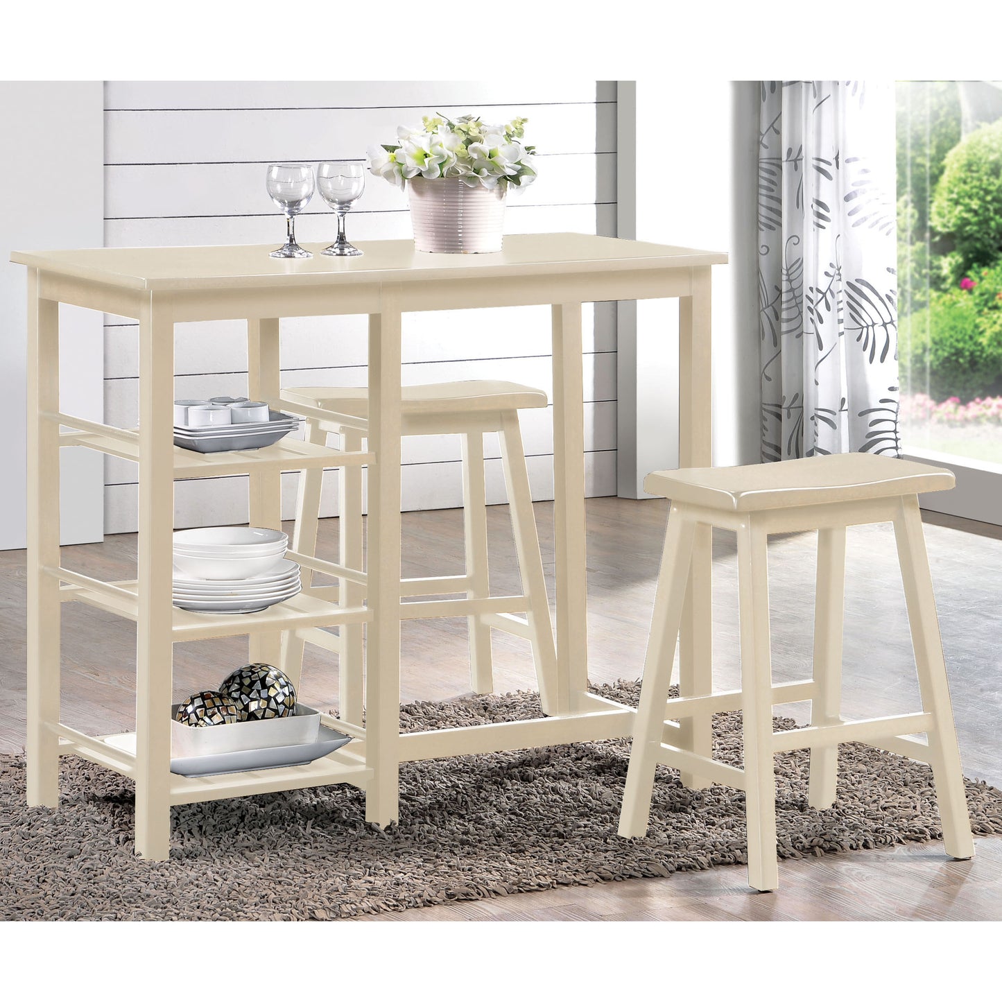 Creamcolored wooden bar table set with two stools ideal for small kitchens