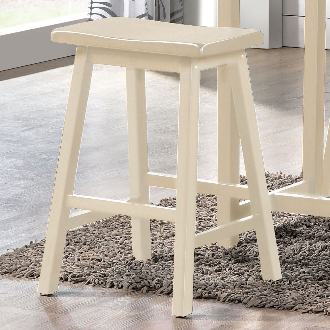 Cream saddle stool with a smooth finish and sturdy wooden legs