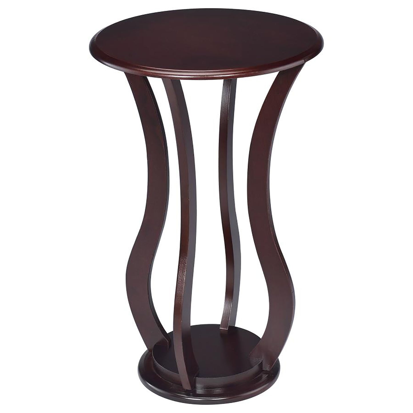 Dark brown wooden accent table with a round top and carved pedestal base