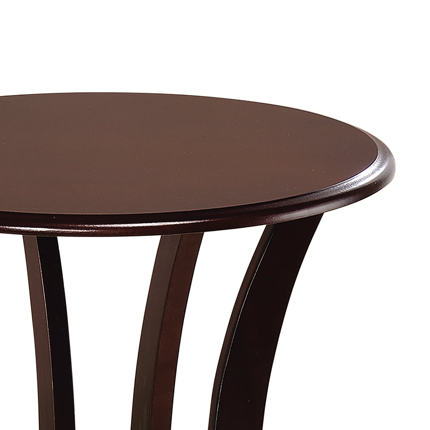 Round dark brown wood end table with curved legs