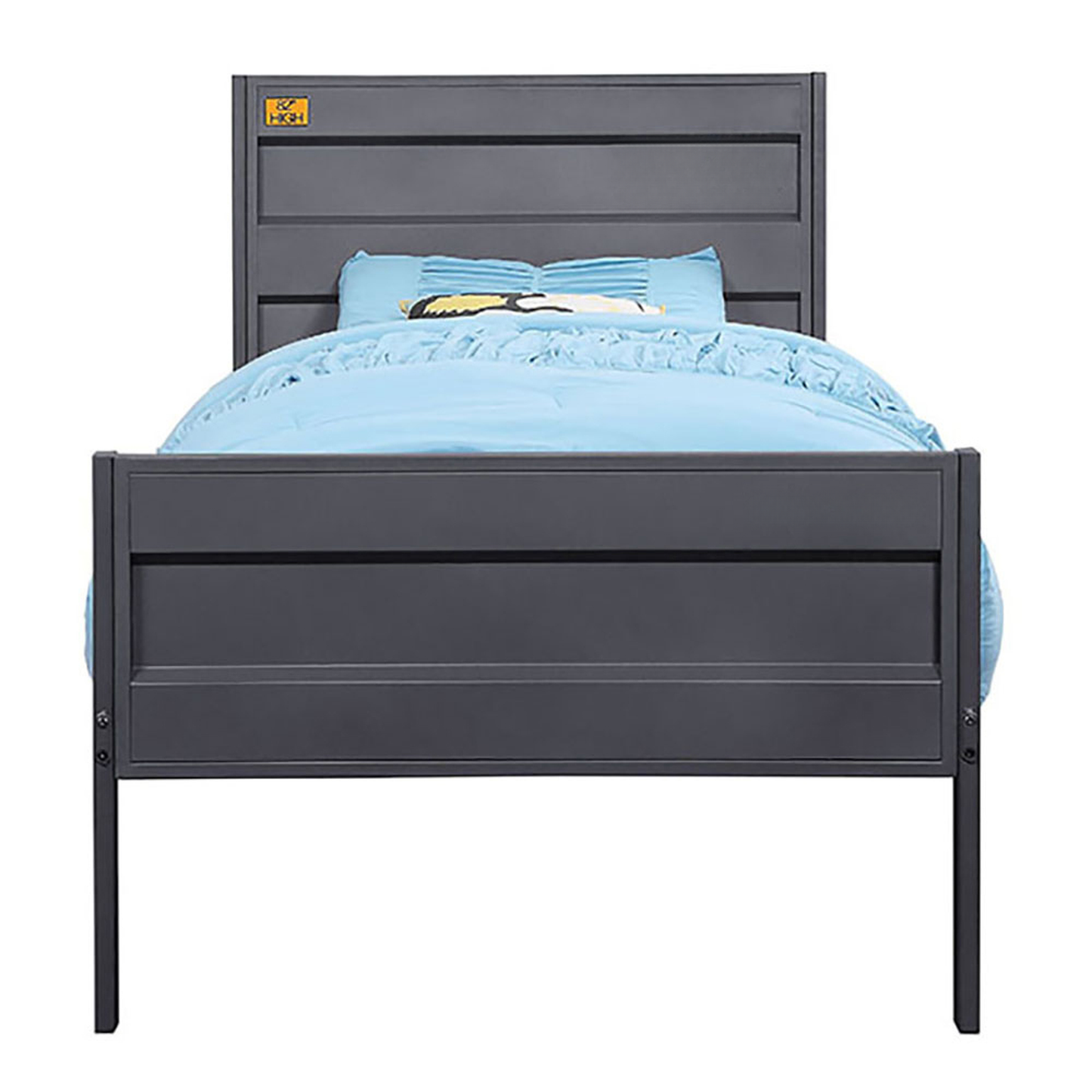 Sleek charcoal twin bed frame with horizontal headboard slats for modern bedroom