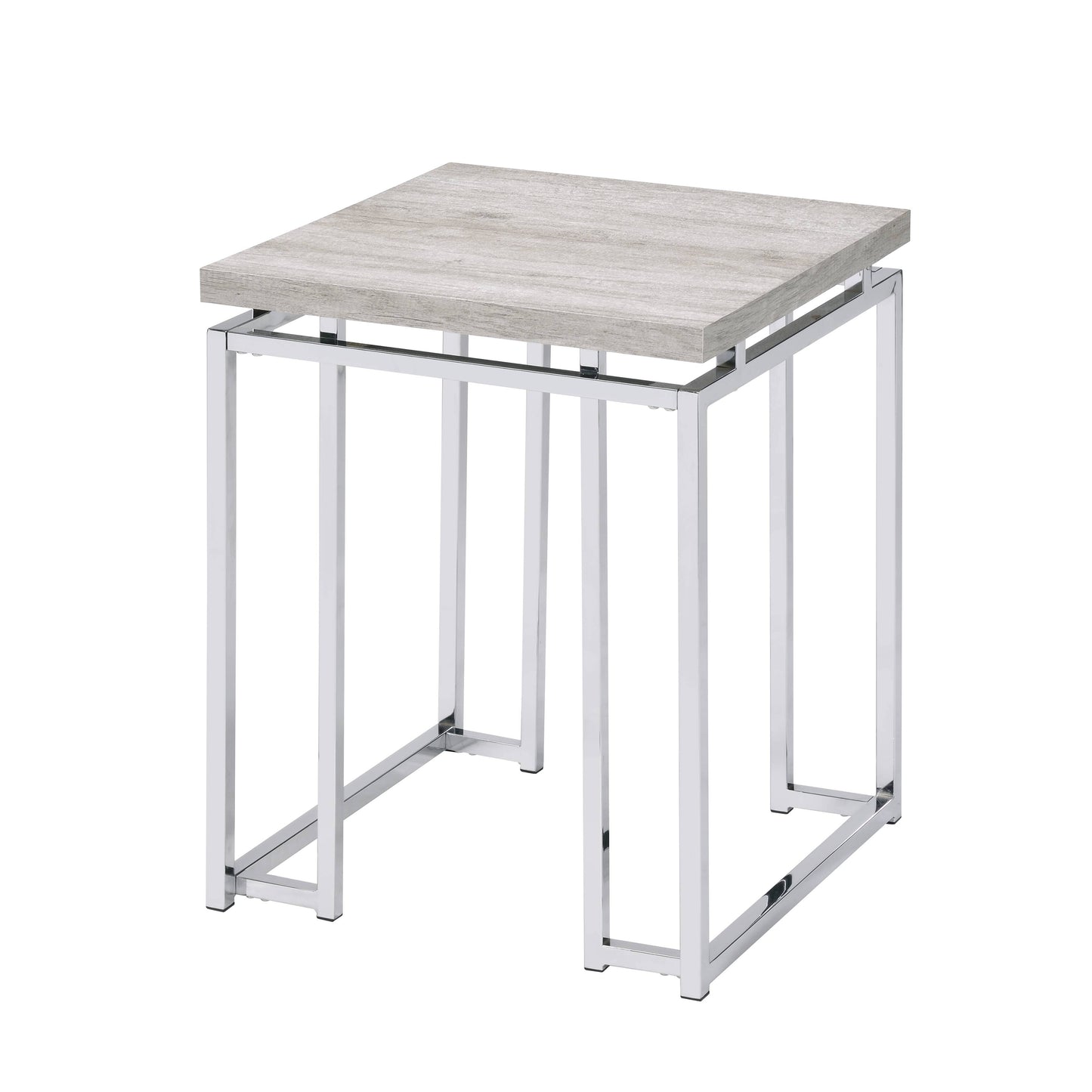 Modern grey wood top end table with polished chrome frame