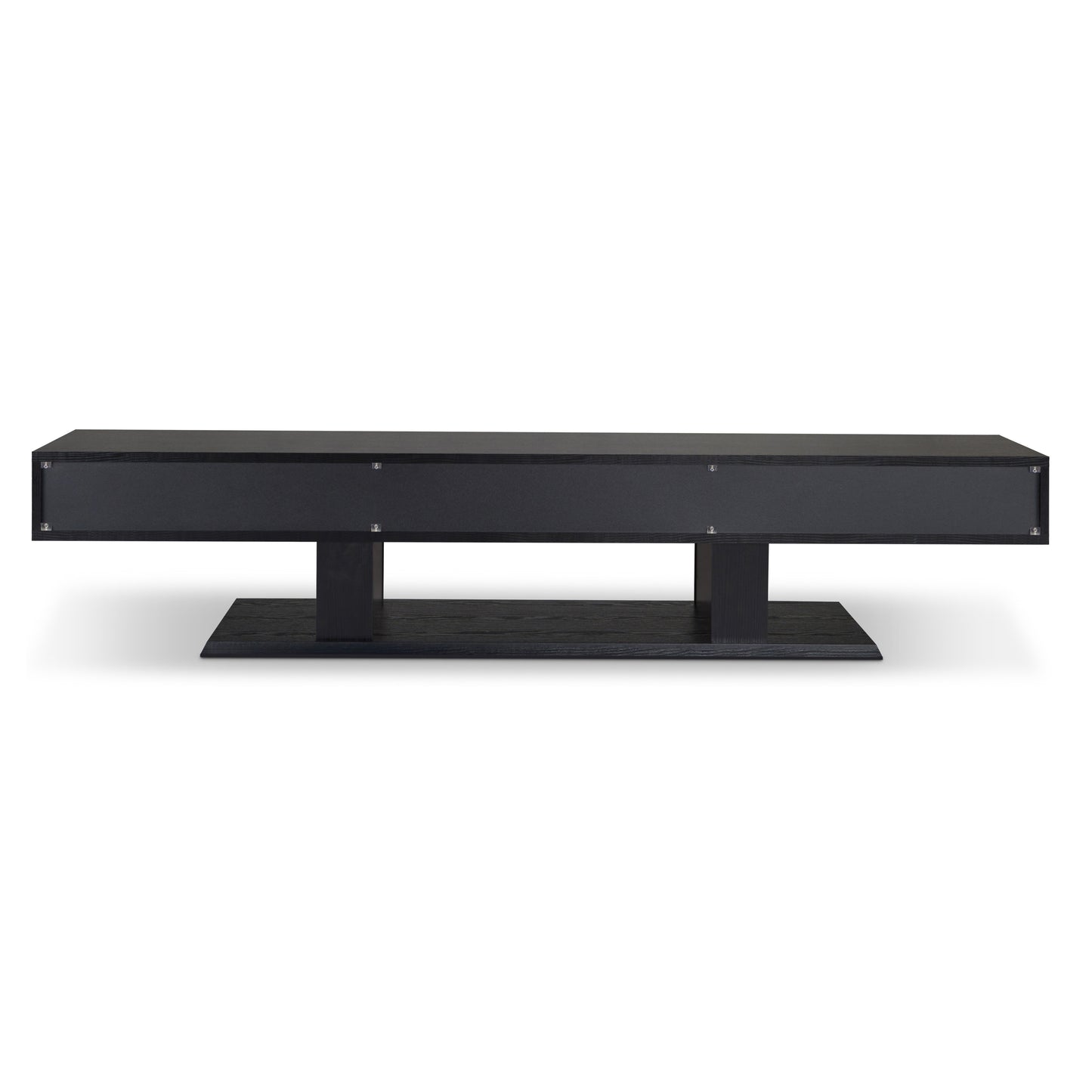 Sleek black wood modern coffee table with inset drawers and a substantial base