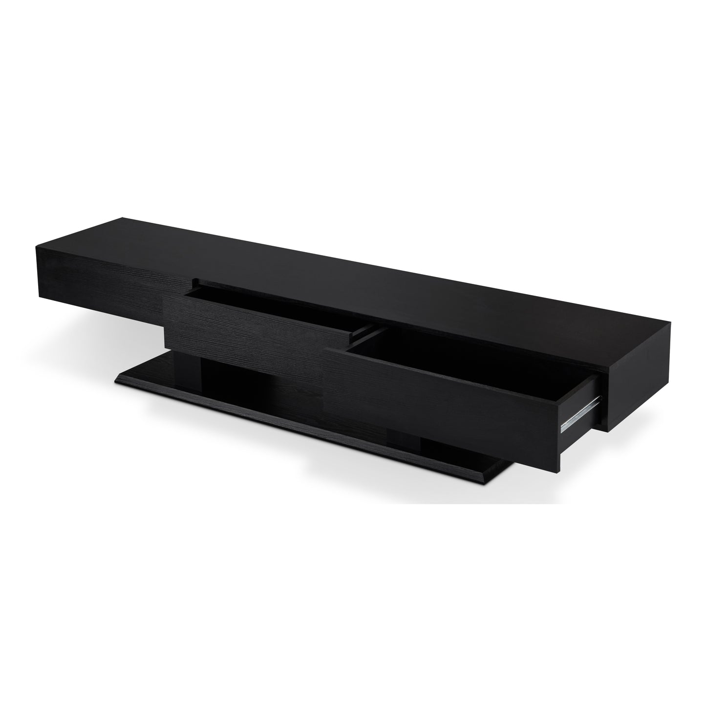 Sleek black modern media console with an open drawer and wood grain detail