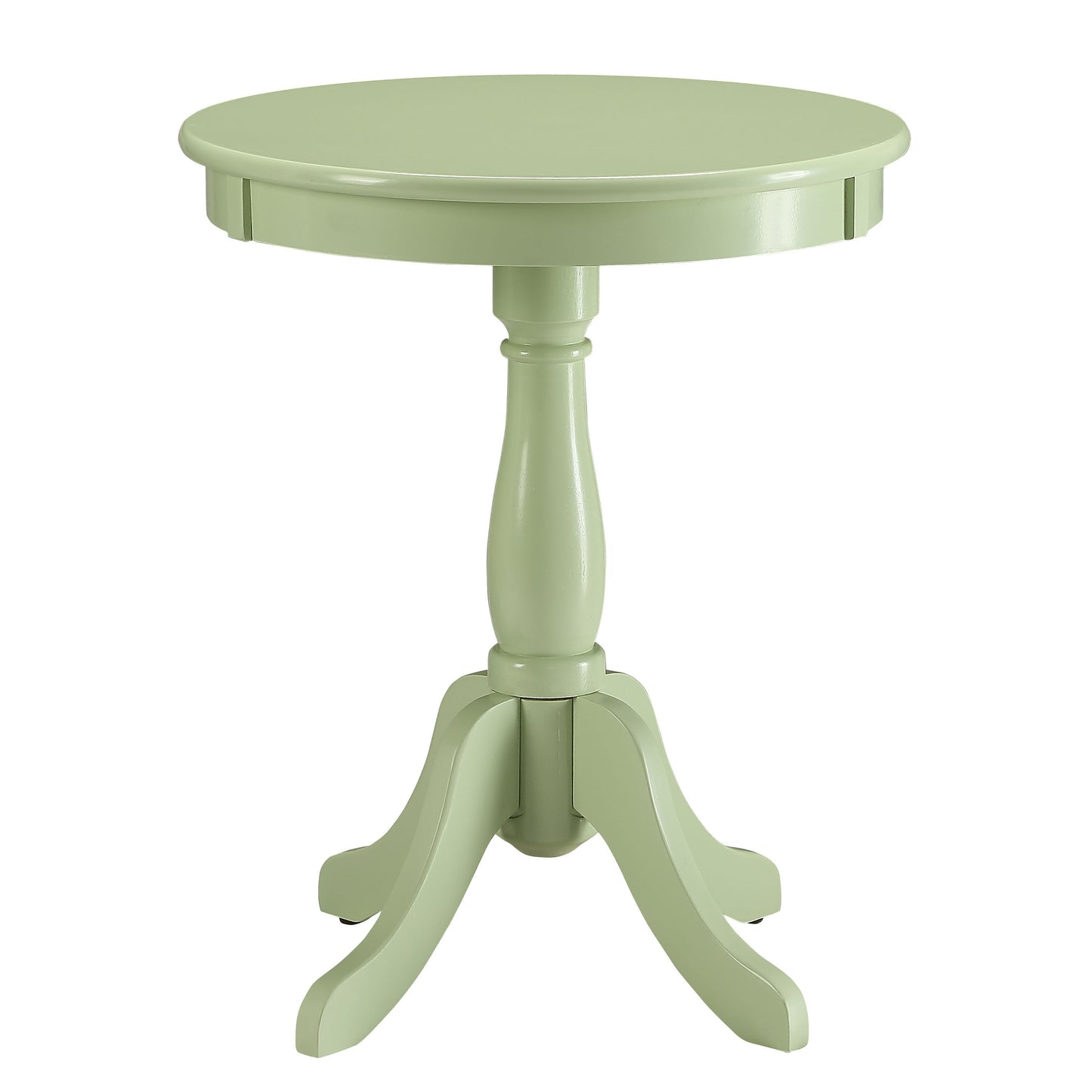 Pale green wooden round accent table with pedestal base