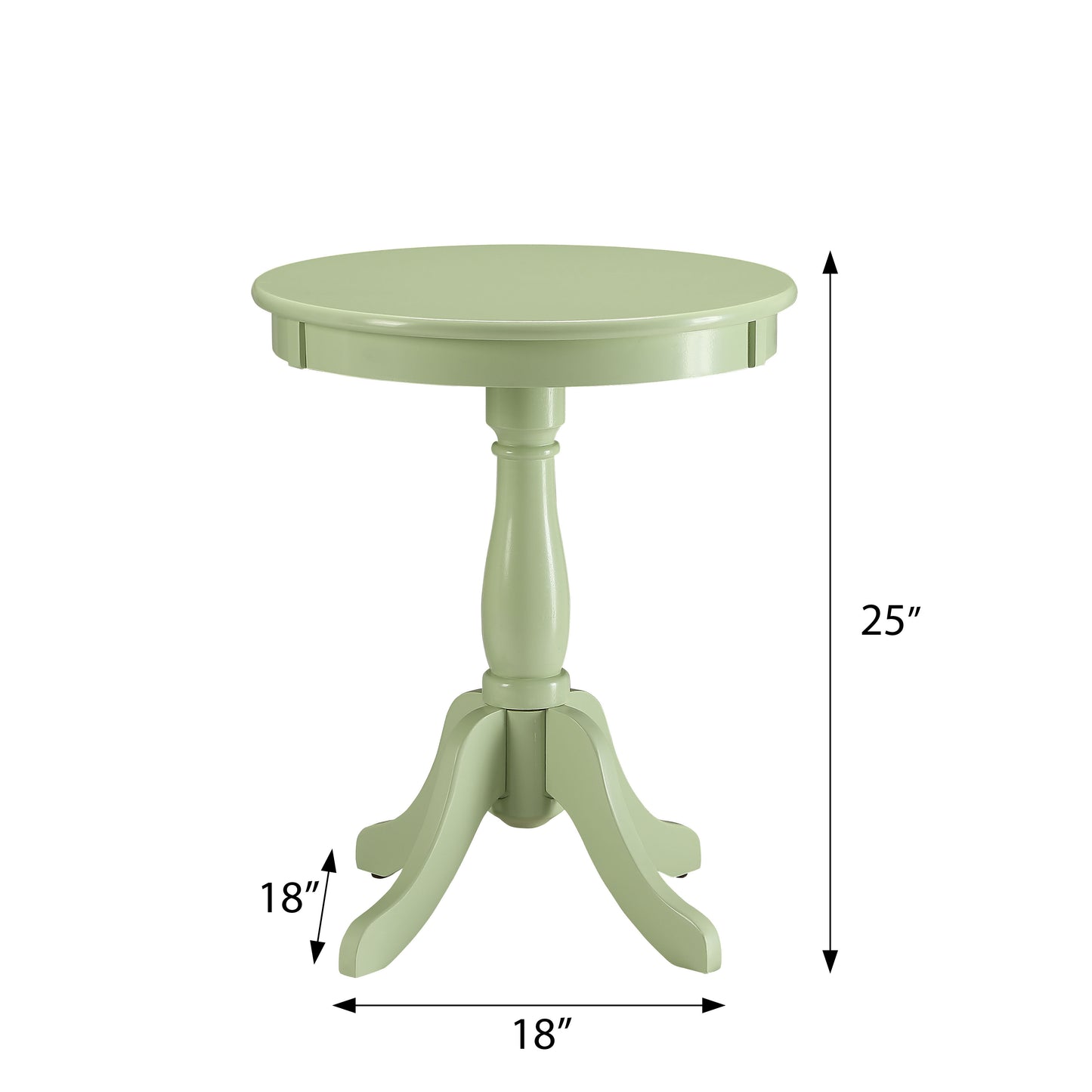 Sage green round pedestal accent table with turned leg height