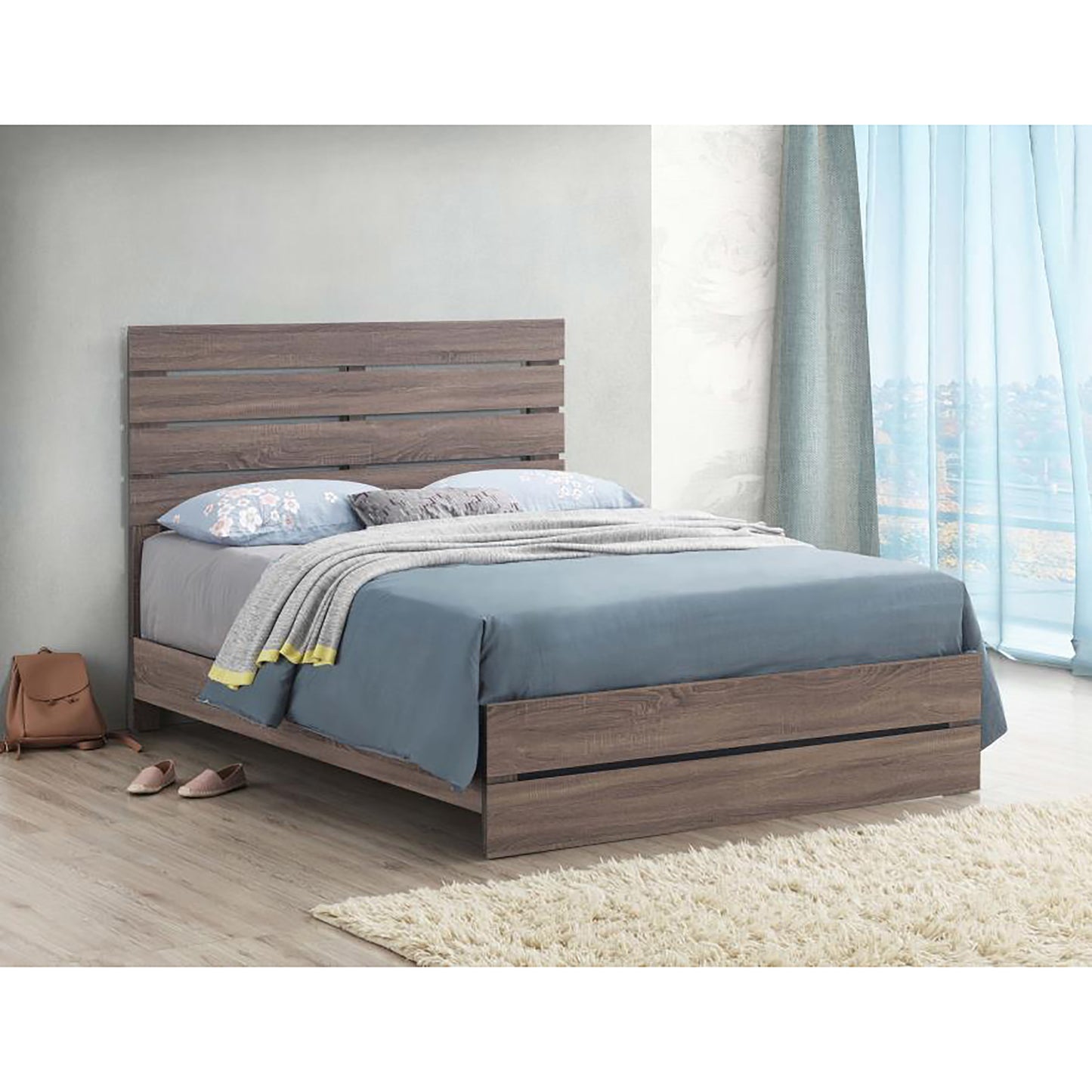 Modern oak wood platform bed frame with horizontal slat headboard and builtin drawers