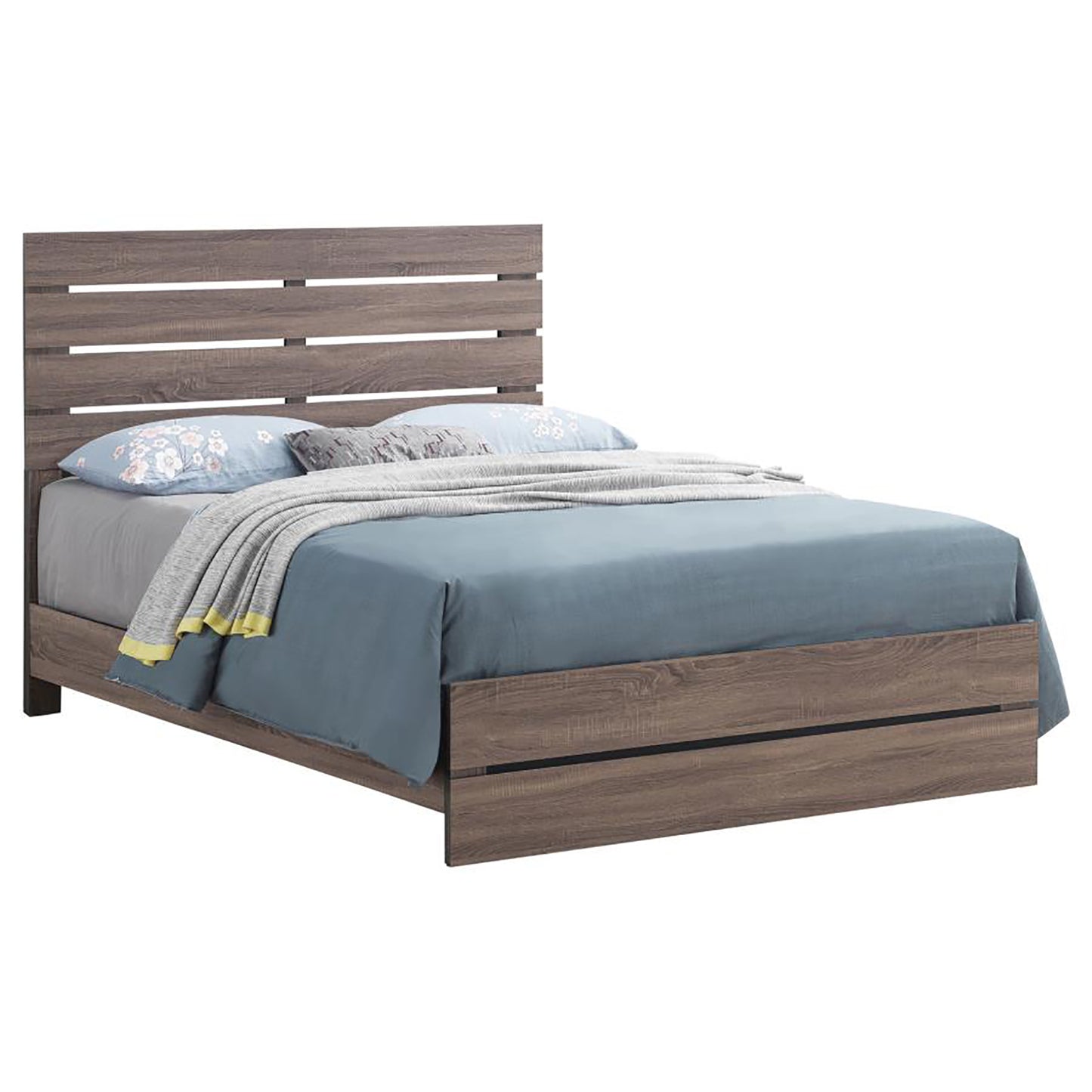 Modern queen bed with horizontal slatted headboard and oak wood finish