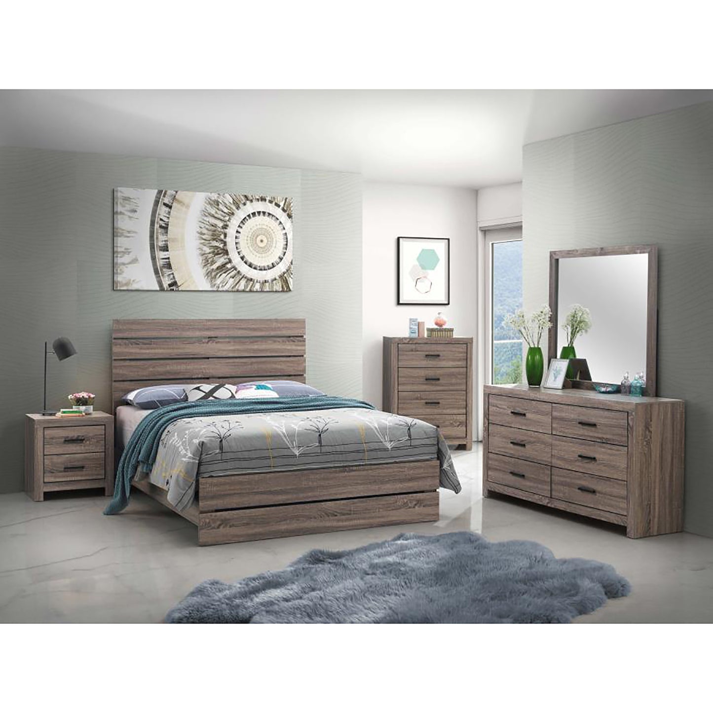 Rustic wood queen bed frame with horizontal slatted headboard