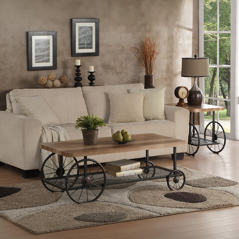 Rustic wooden coffee table with industrial wheels and a lower shelf for books