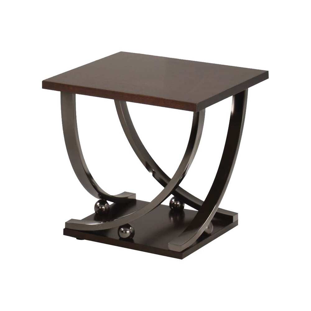 Modern dark wood square end table with chromeplated steel base and spherical accents