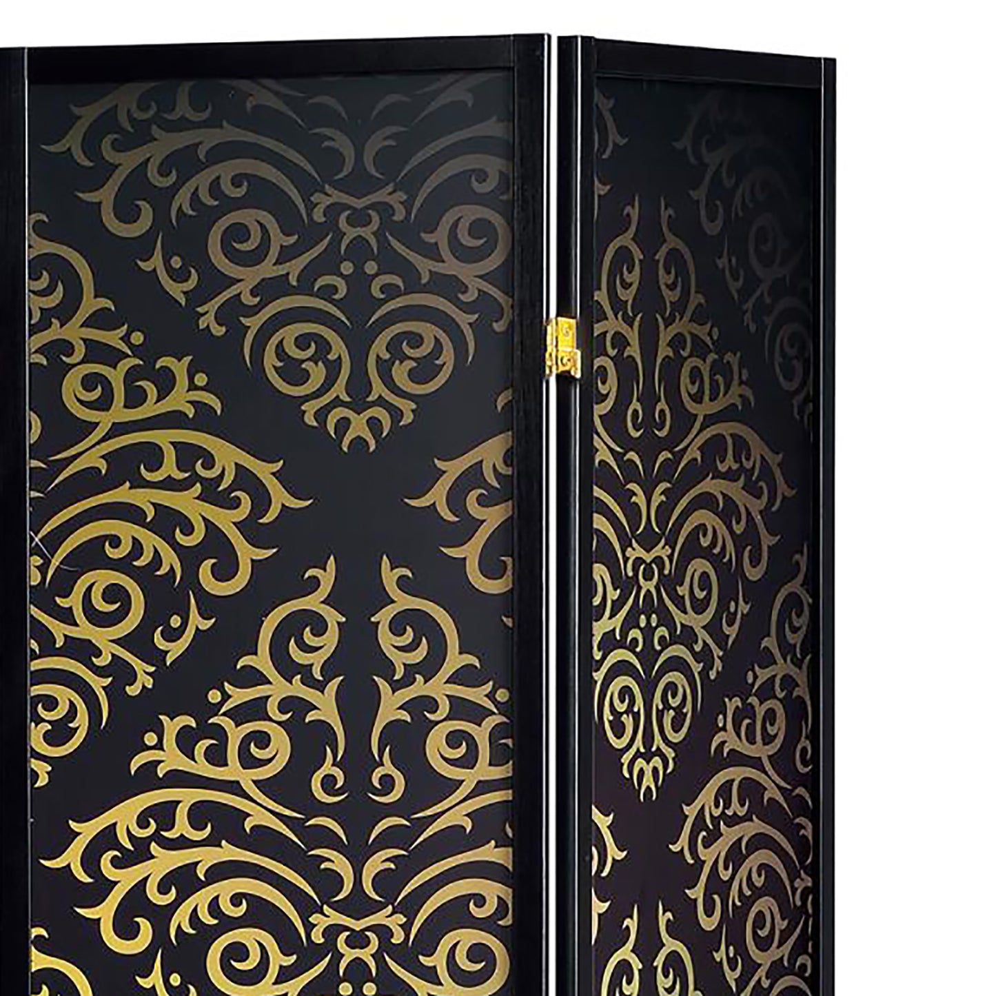 Black threepanel room divider with gold baroque scroll pattern