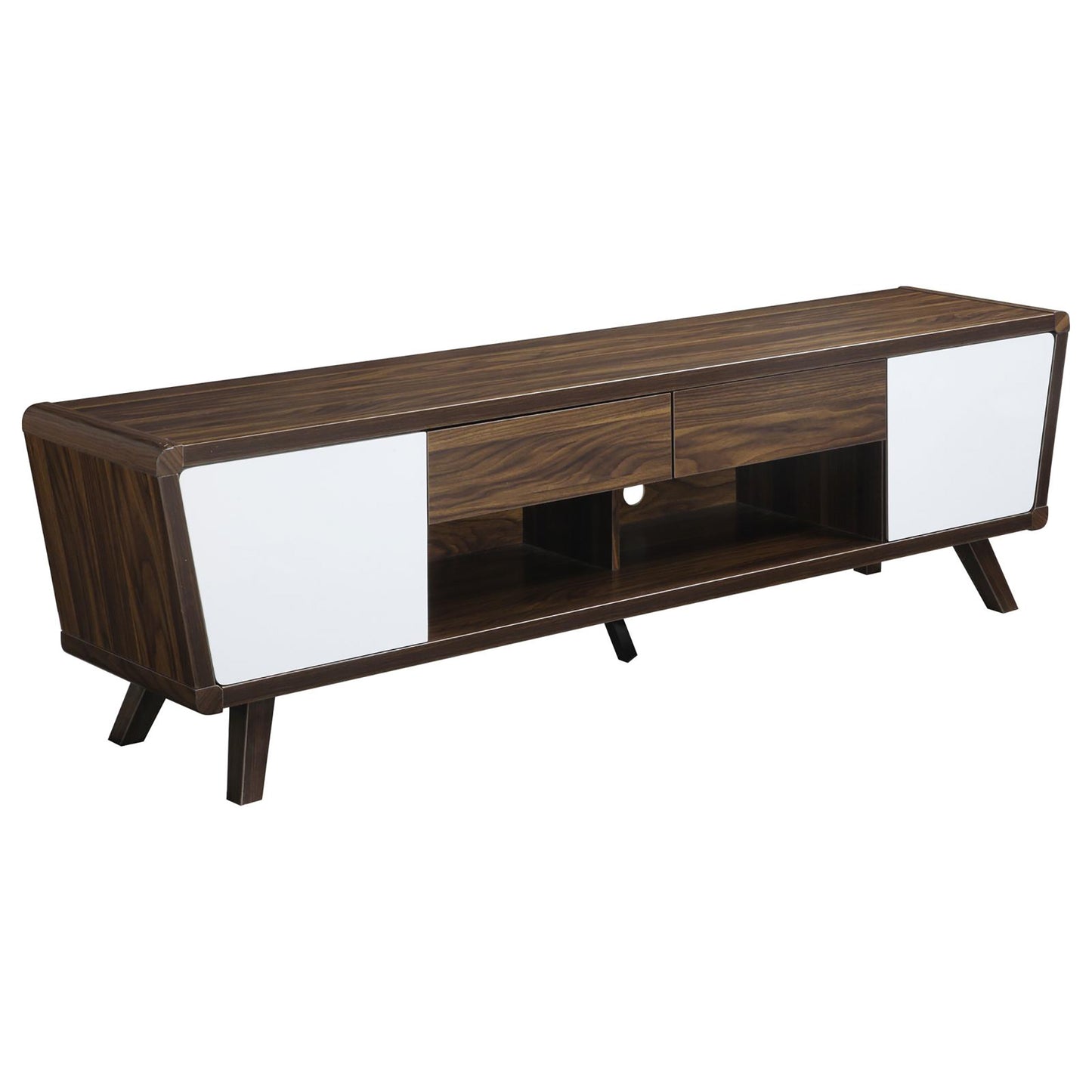 Dark walnut midcentury modern TV stand with white cabinet doors and angled legs