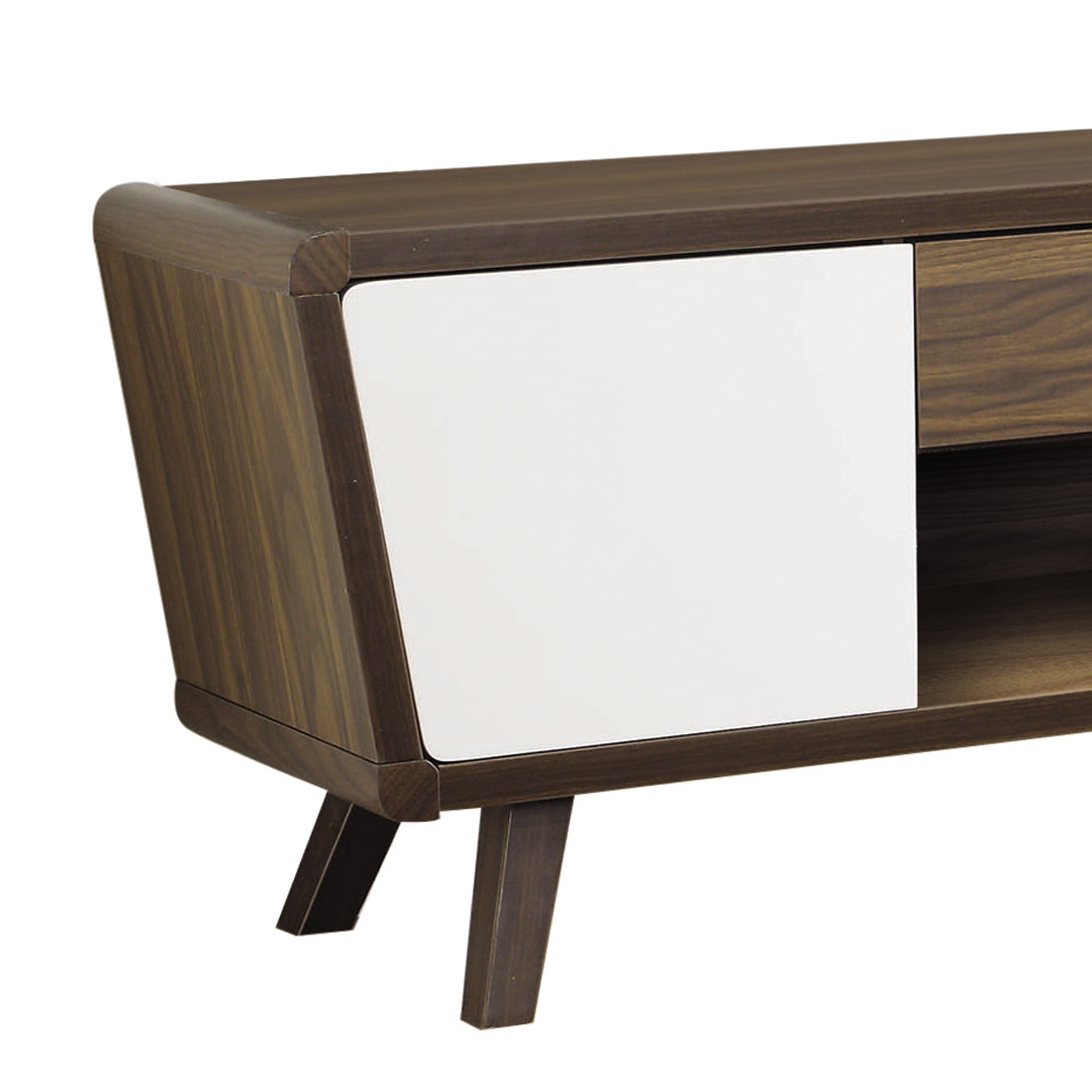 Modern dark wood media console with a white cabinet door and angled legs