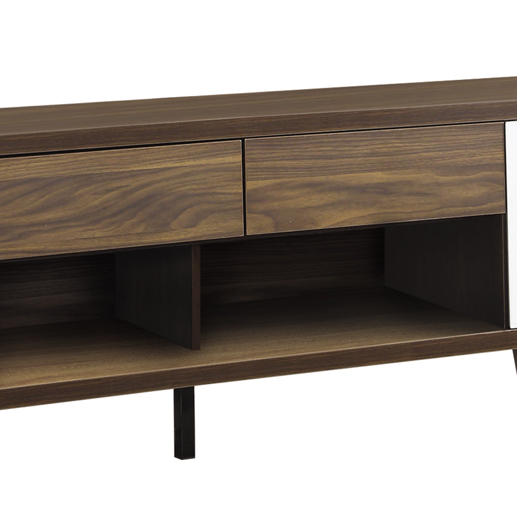 Rich walnut finish TV stand with two drawers and open shelving