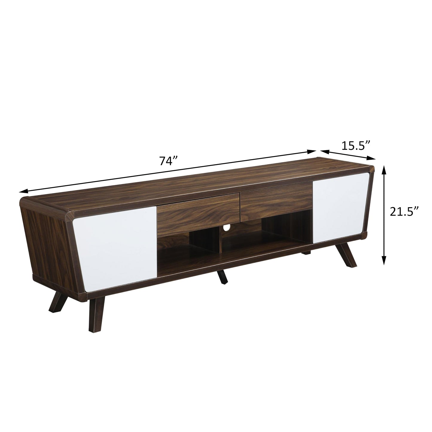 Dark walnut modern TV stand with white door accents and two drawers Holds up to screens