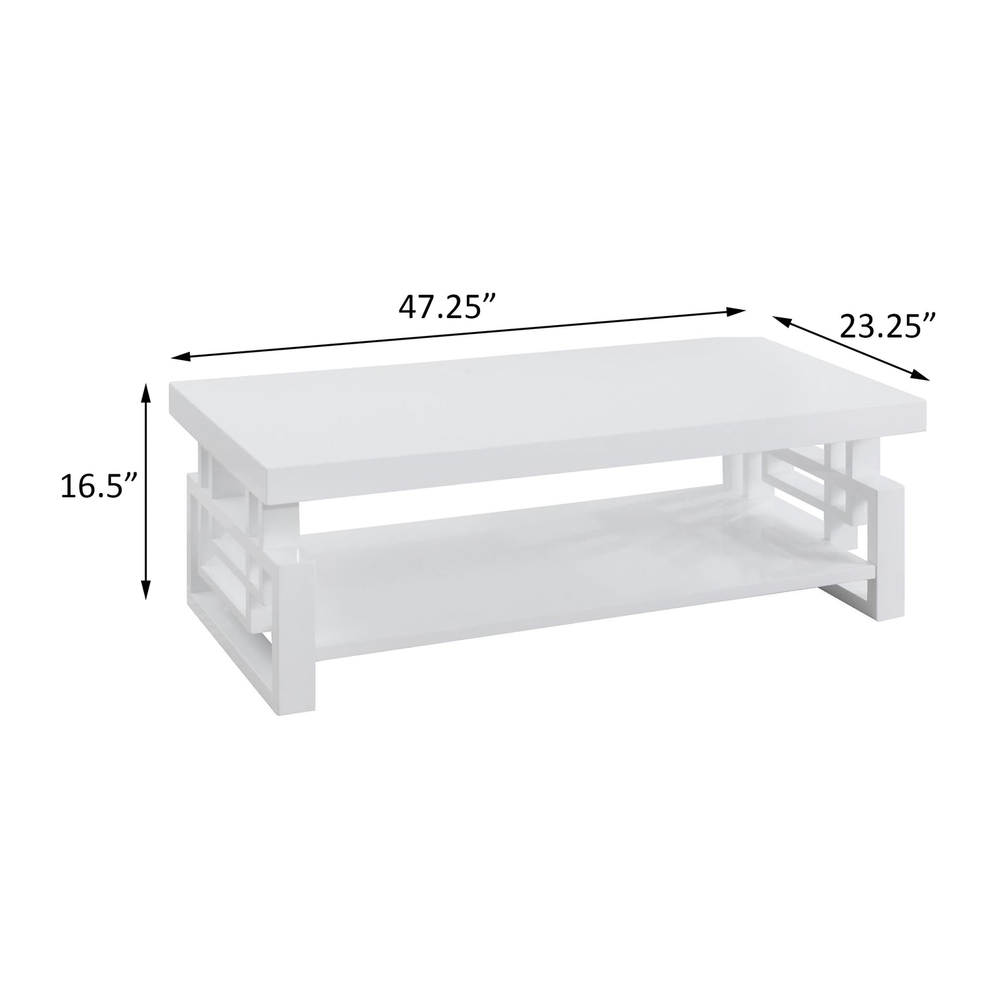 Modern white coffee table with lower shelf and minimalist design L x W x H