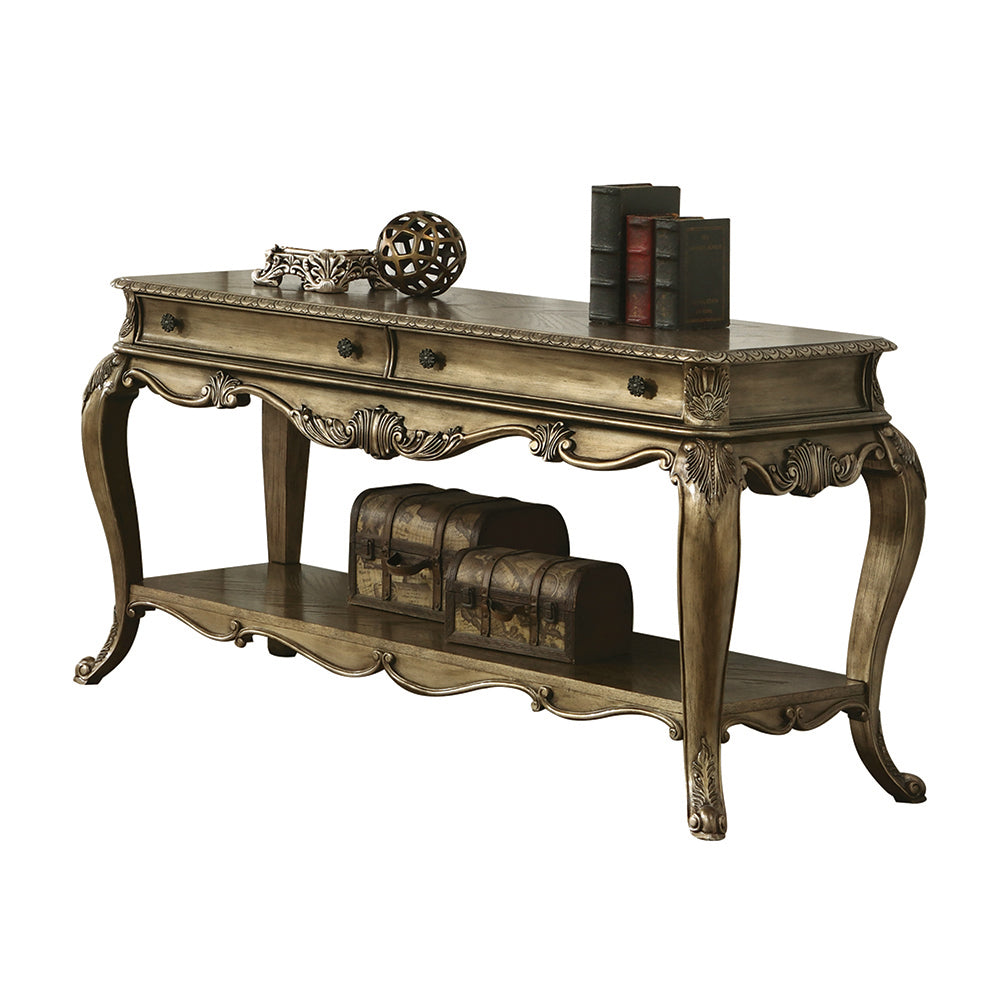 Antique gold console table with ornate carvings and two drawers perfect for entryways