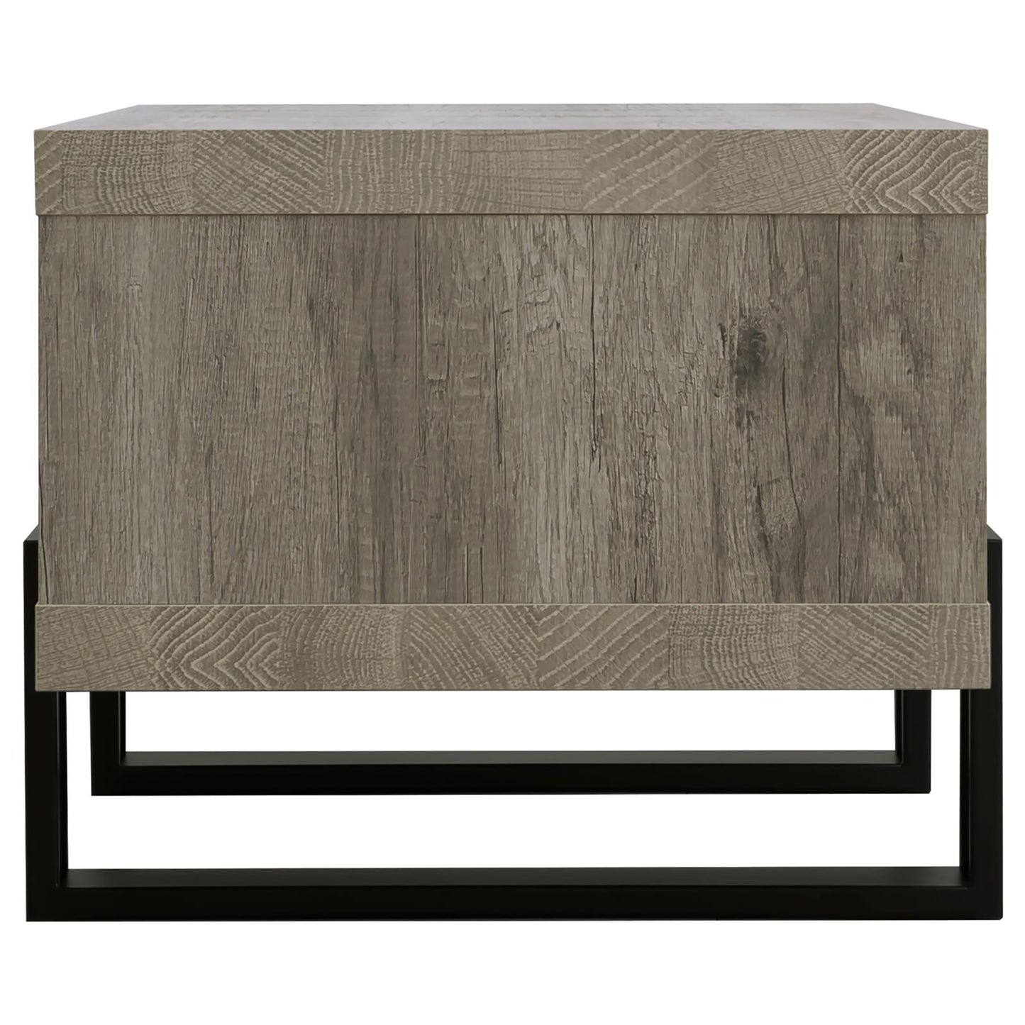 Modern gray wood nightstand with black metal frame featuring a subtle wood grain texture for a sophisticated look