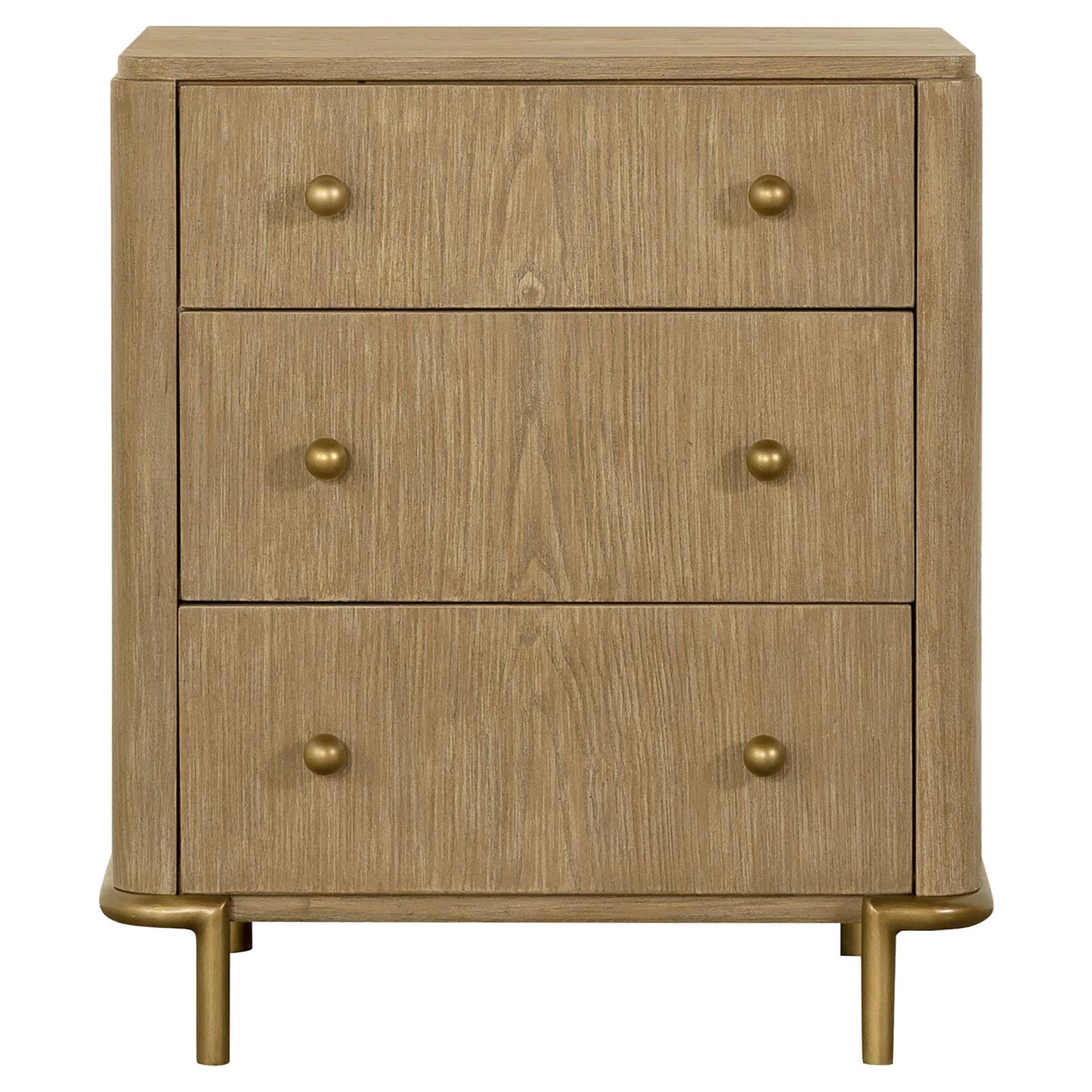 Light oak threedrawer dresser with brushed gold hardware and legs suitable for bedroom storage