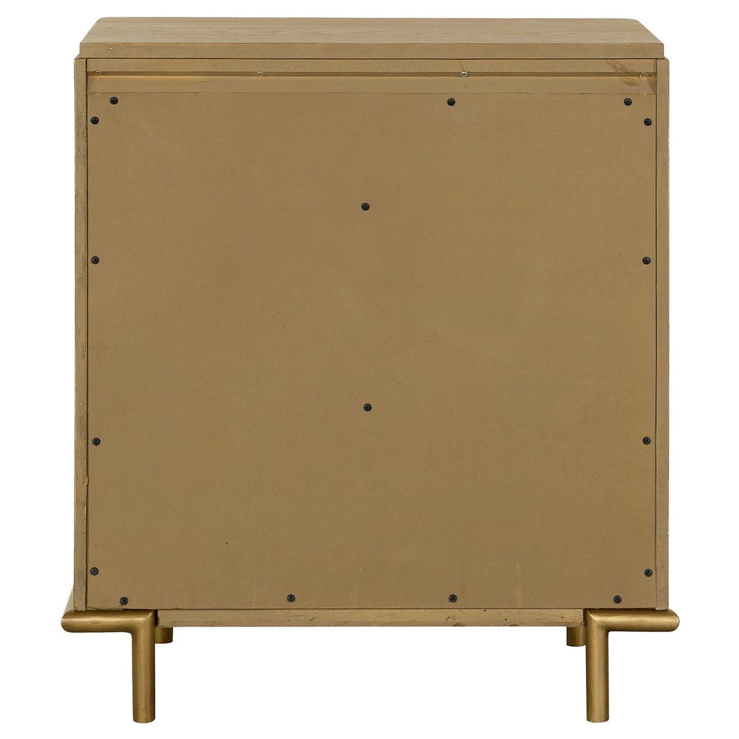 Back view of a gold painted wooden bedside table with metal legs