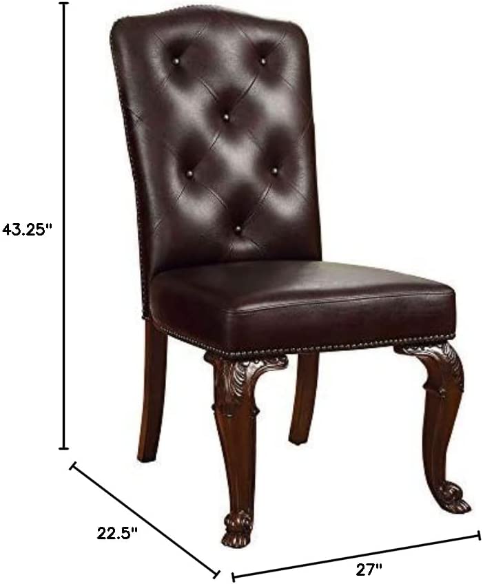 Dark brown leather dining chair with tufted back and ornate carved legs