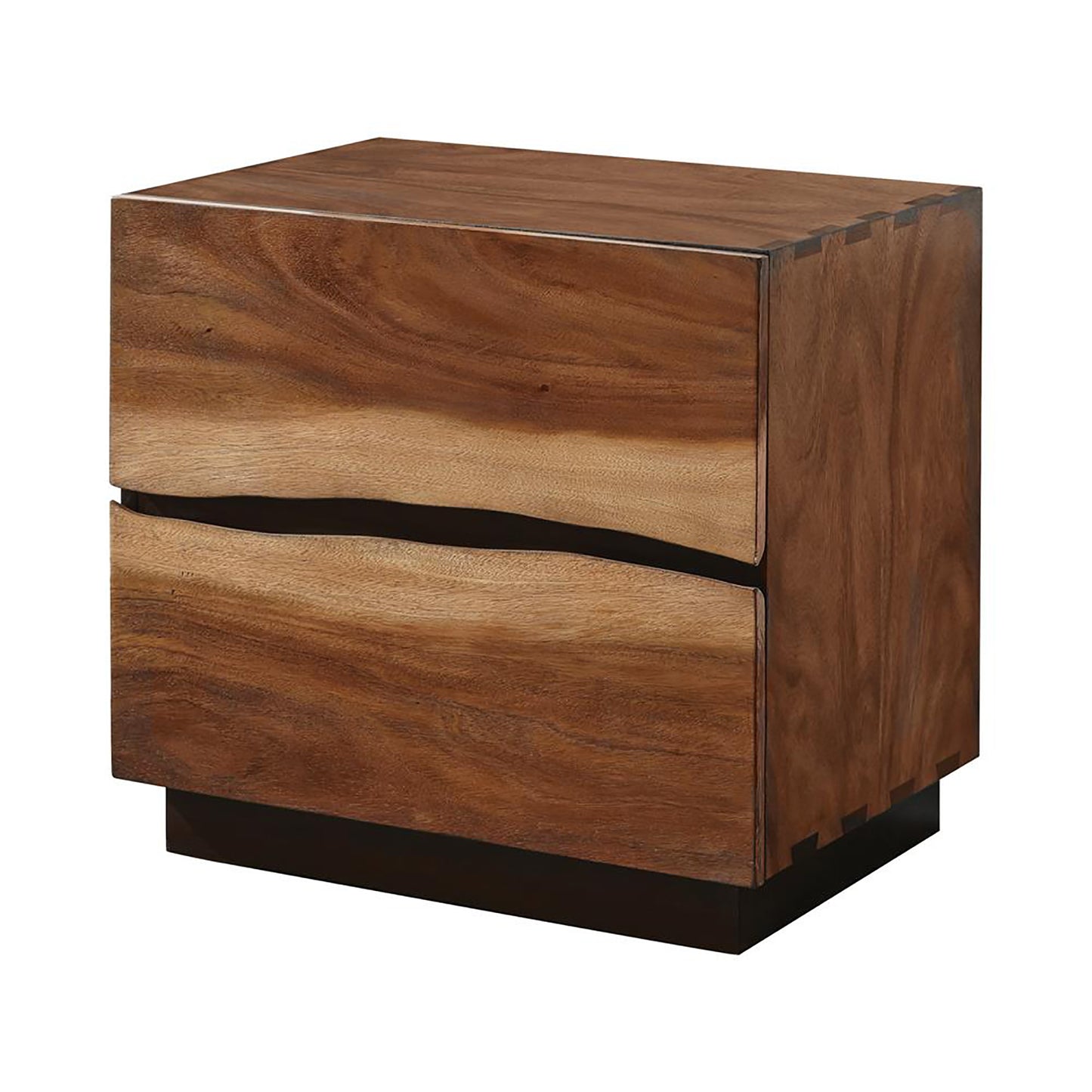Contemporary solid wood nightstand with live edge detail on drawers