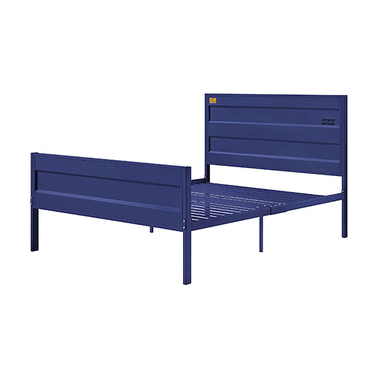 Navy blue metal platform bed frame with industrial design