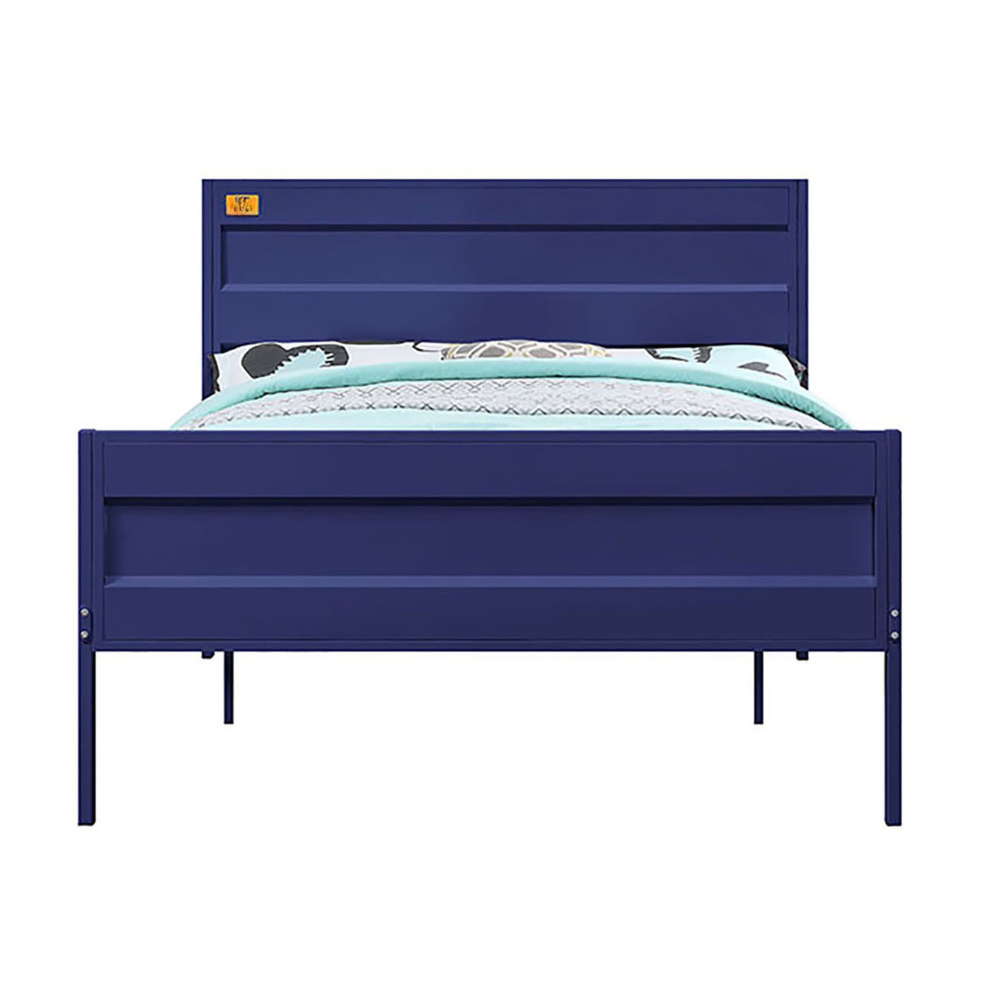 Navy blue metal twin bed frame with horizontal slats and a minimalist design