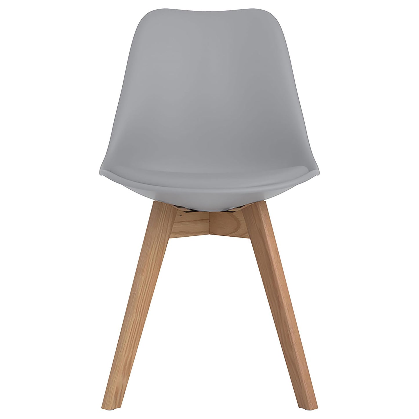 Modern grey molded plastic dining chair with natural wood legs perfect for contemporary kitchens