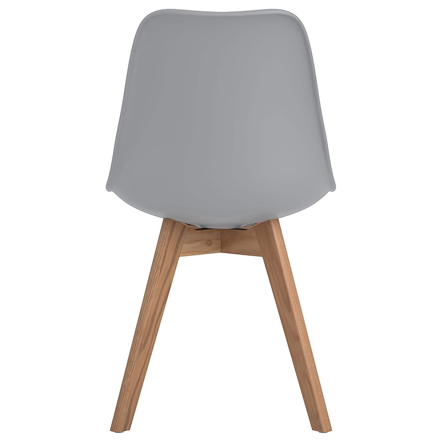 Back view of a grey molded plastic dining chair with wooden legs