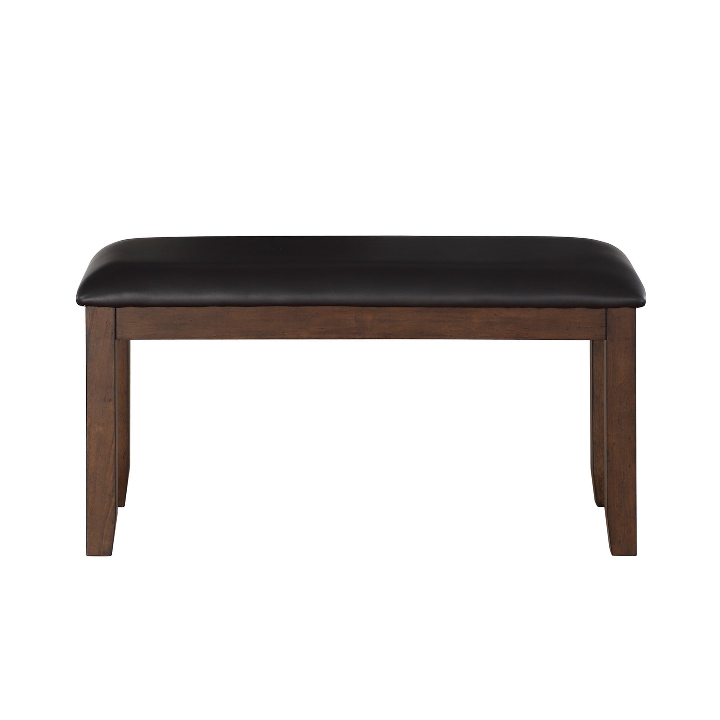 Dark brown wood bench with padded black seat