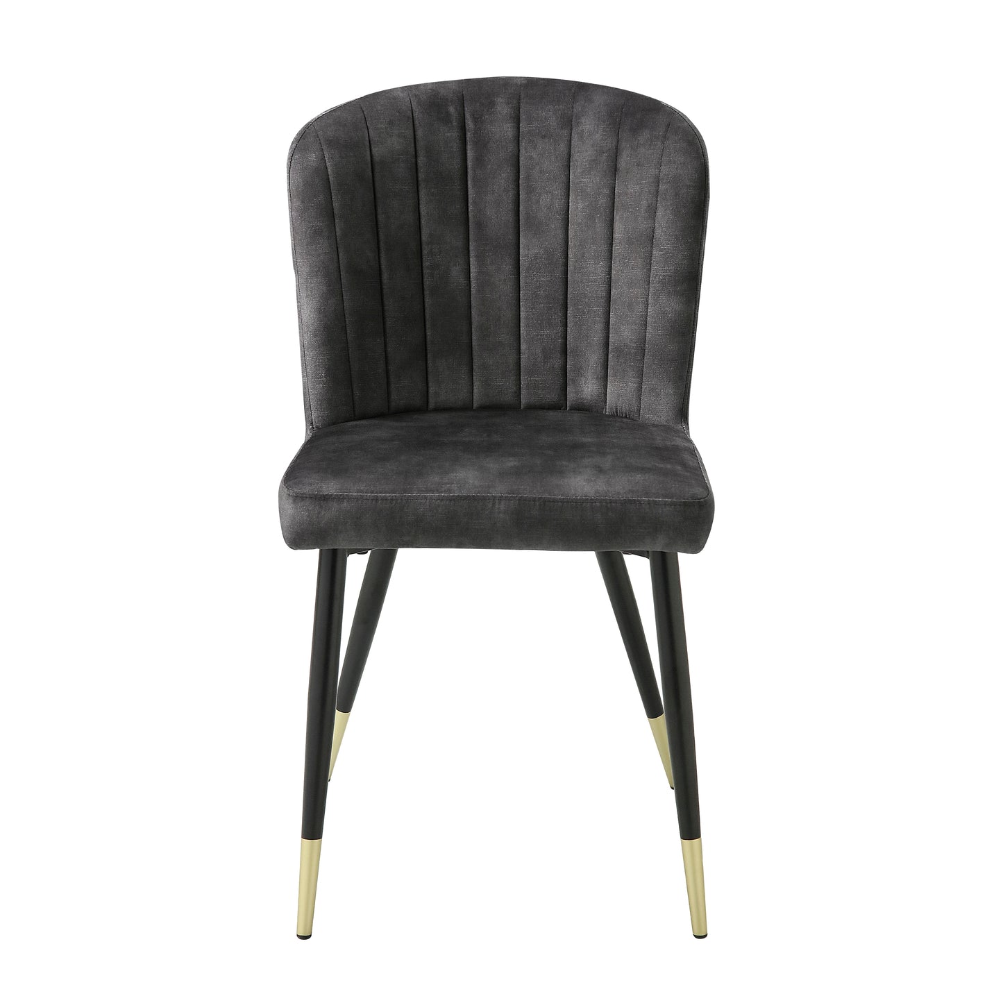 Dark gray velvet dining chair with vertical channel tufting and goldtipped black legs