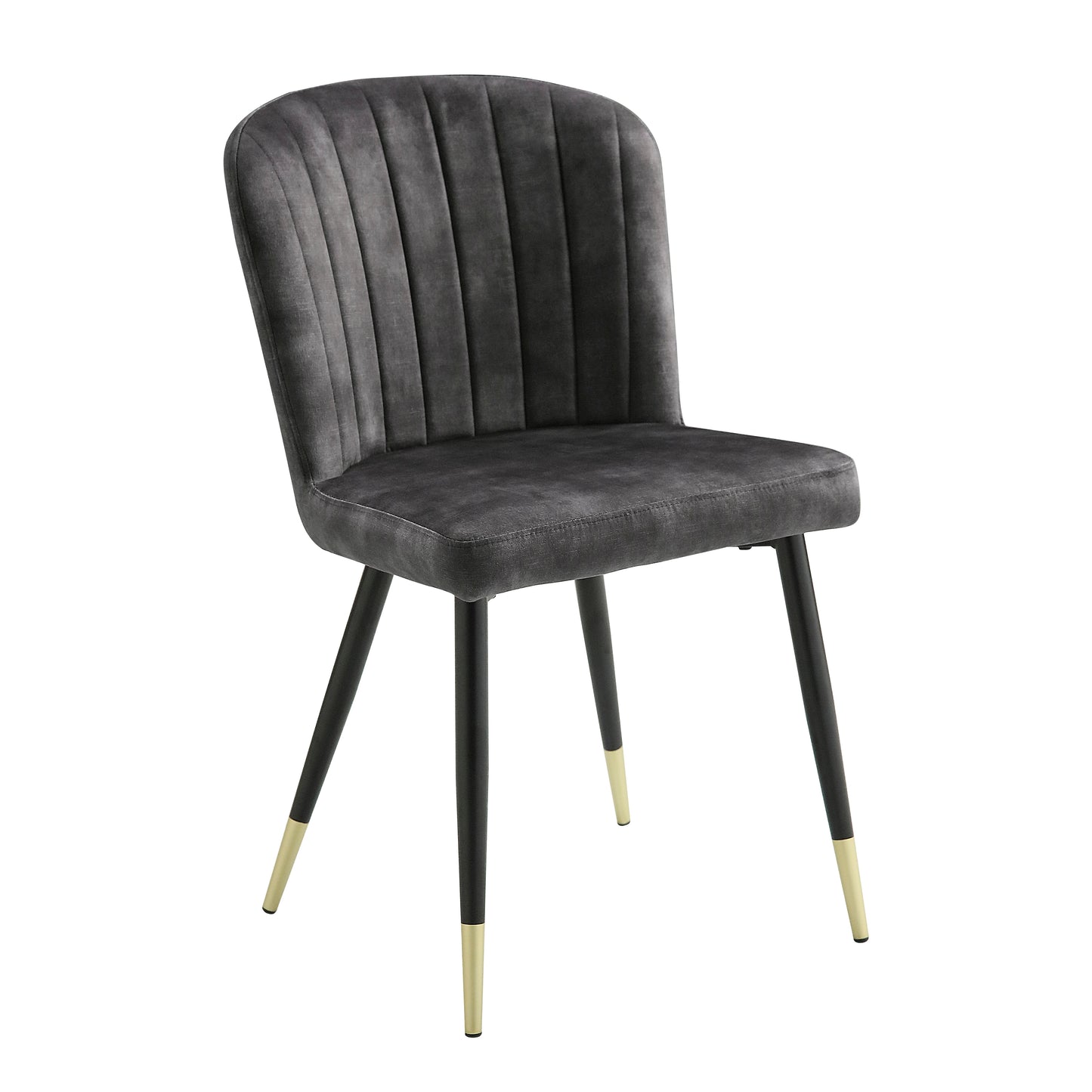 Dark grey velvet dining chair with channel tufting and black metal legs with gold accents