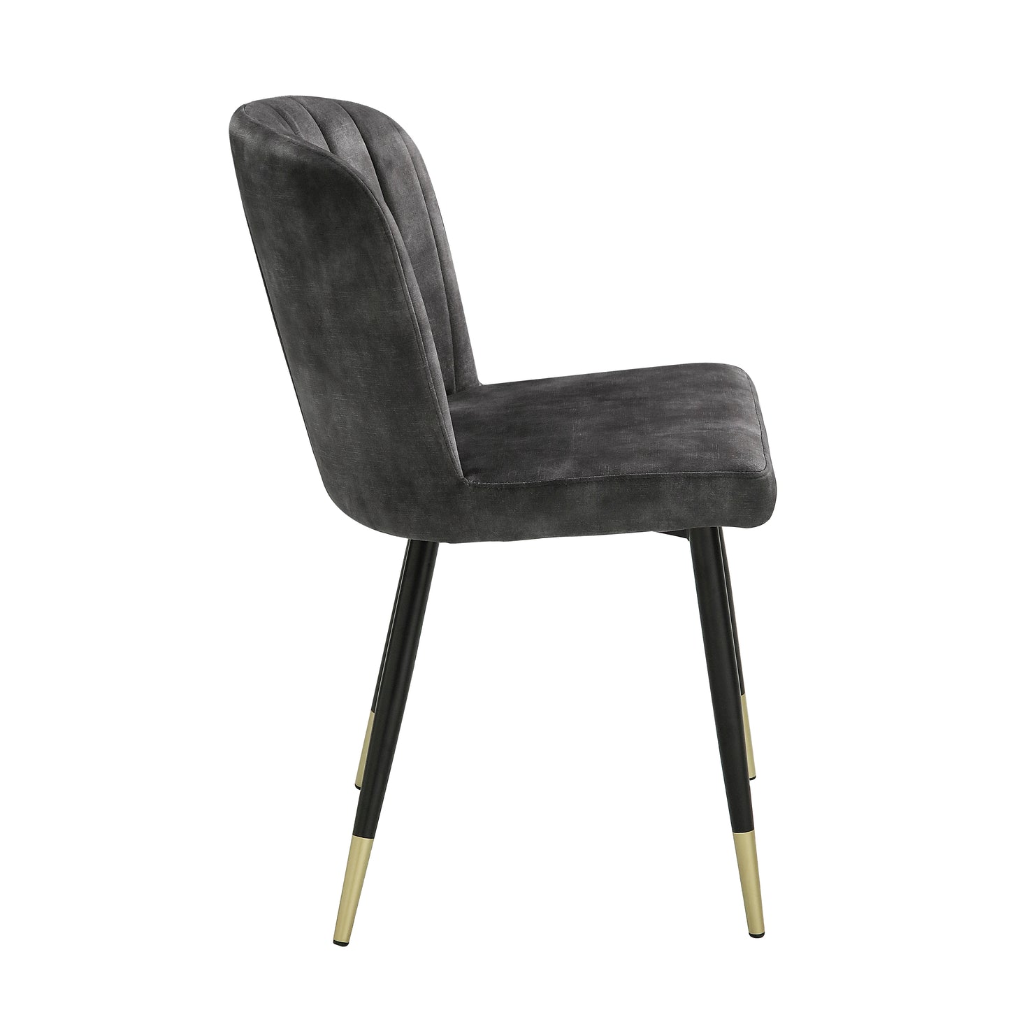 Dark gray velvet dining chair with tufted back and goldtipped black legs