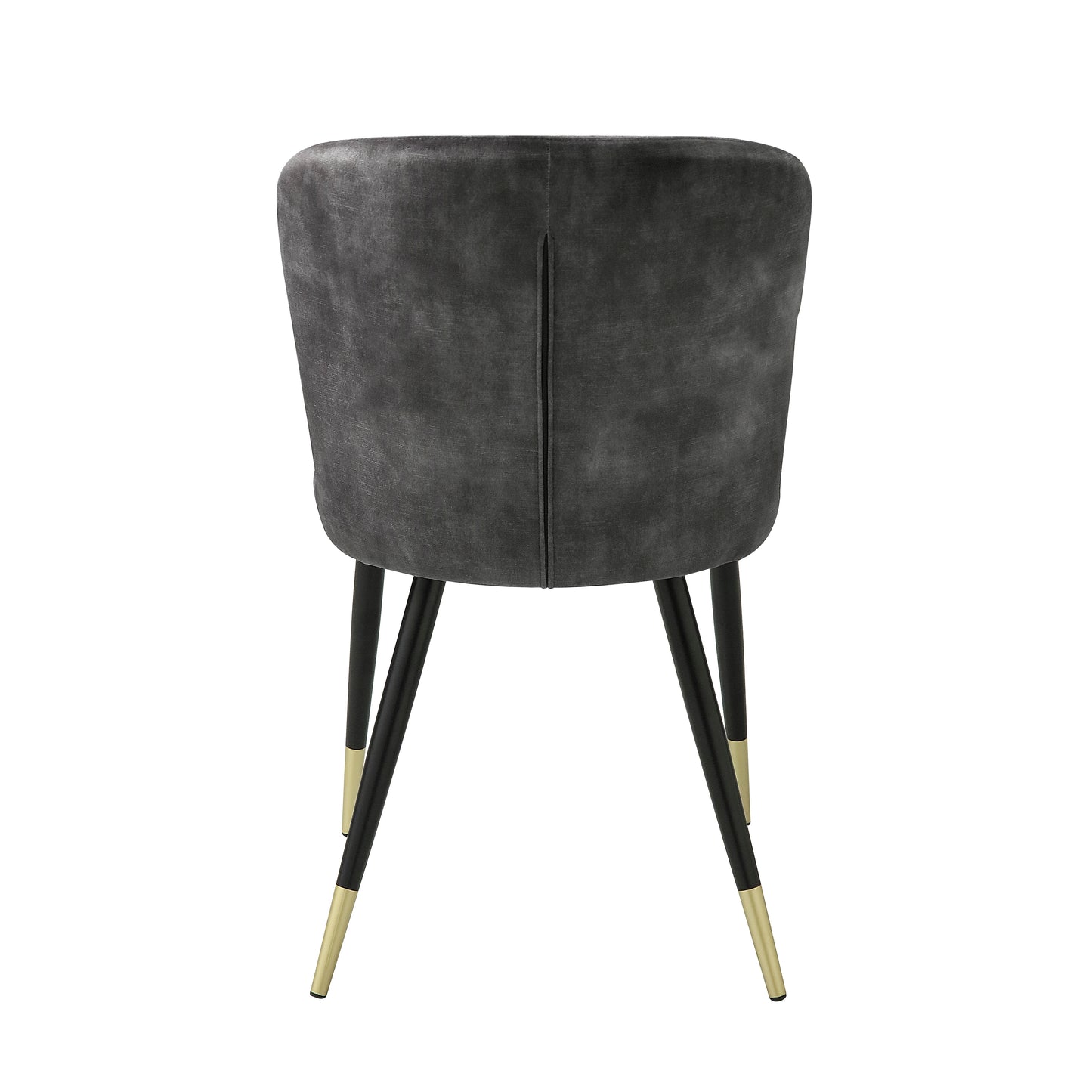 Dark gray velvet accent chair with black legs and gold accents back view